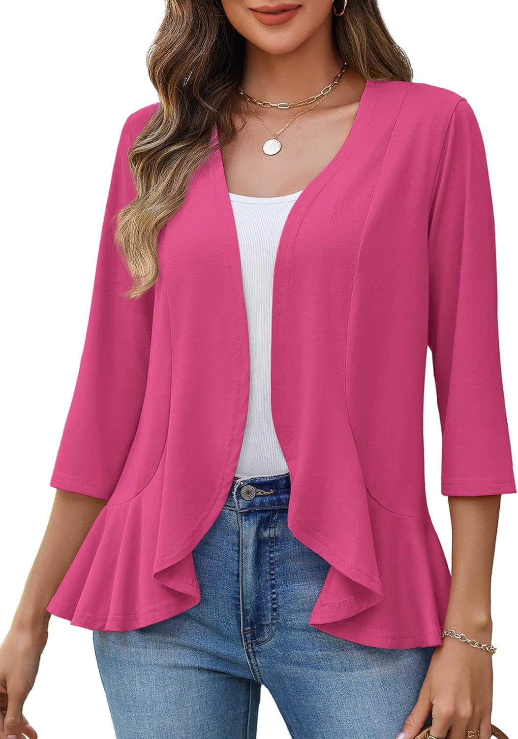 Zeagoo Women's 2026 Summer 3/4 Sleeve Lightweight Cardigans Sweaters Open Front Draped Ruffles Kimono Coverups