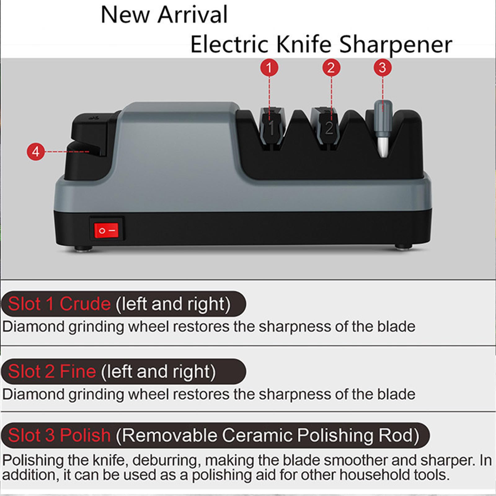 Affilacoltelli Professionale Elettrico, 4 in 1 Arrota Coltelli, Con Abrasivi Diamantati Al 100% E Guide Angolari Di Precisione Affilatore Coltelli,Silver