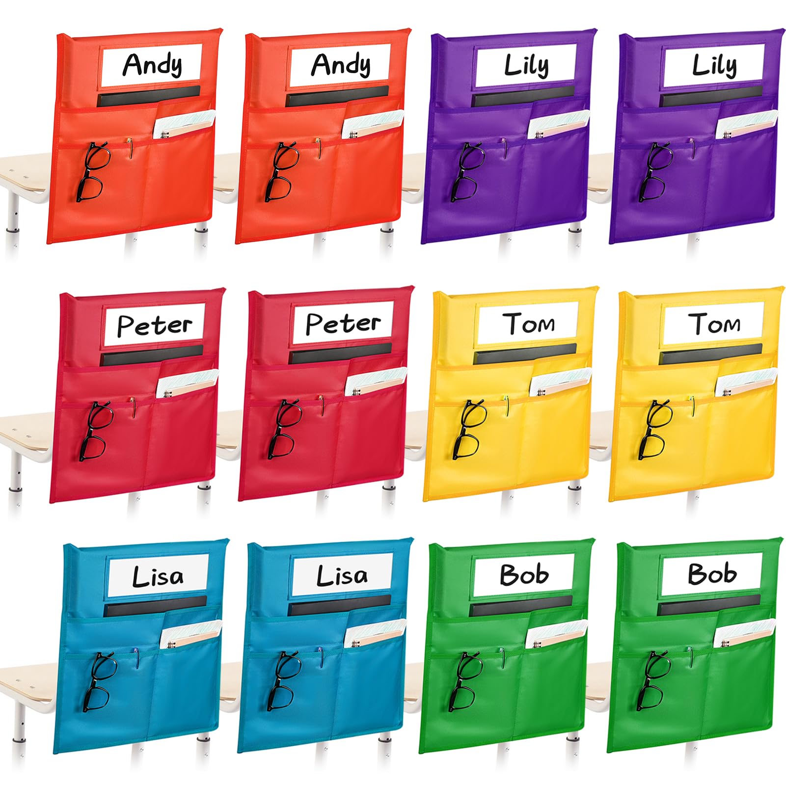 12 Pack Chair Pockets for Classrooms, 6 Colors Student Chair Pocket with 3 Heavy Duty Storage Pocket, Chair Back Buddy Pocket with Name Tag Slot,