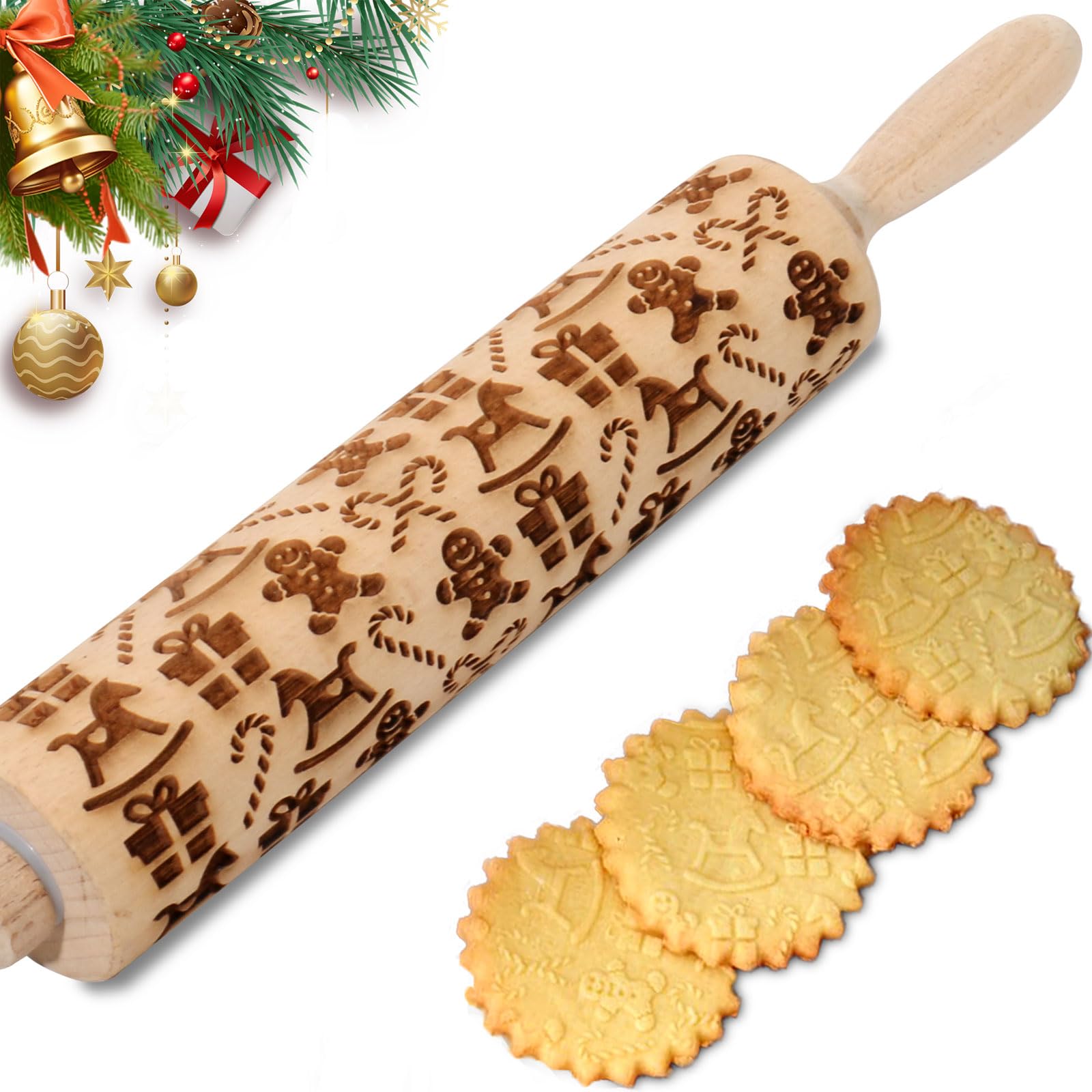 Christmas Embossed Rolling Pin for Baking Cookies Embossing Rolling Pins with Design Wooden Engraved Springerle Roller Pin Dough Patterned Clay Pottery Ceramic Bakers Women Kids (Gingerbread Man)