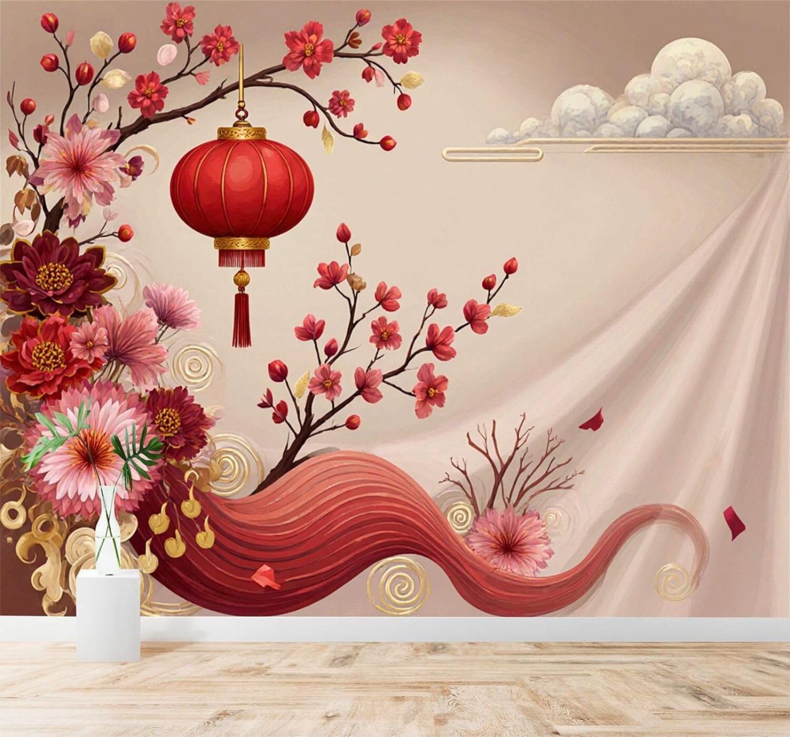 XLMING Beautiful Red Lanterns Cherry Blossoms Ribbons Clouds 3D Wallpaper Silky Texture Home Study Office Grey Dining Room Sofa Bedroom Living Room TV Backdrop-250cm×170cm