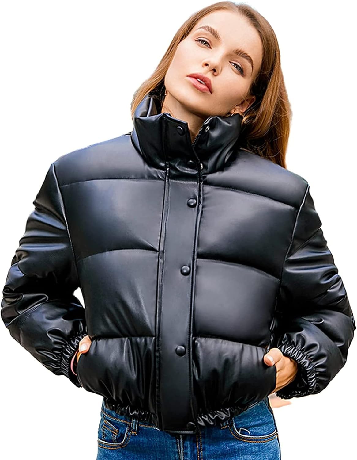 Women Winter Puffer Bubble Jacket Cropped Faux Leather PU Padded Sexy Down Short Coat Pleather Warm Thick Outerwear