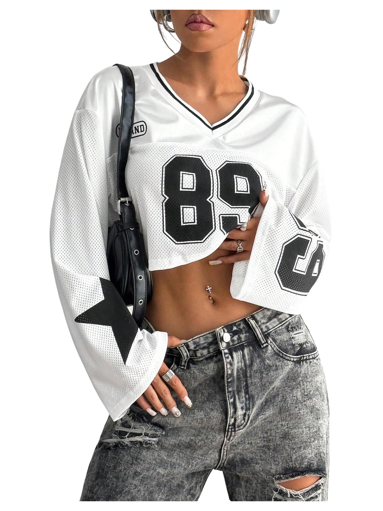 GORGLITTER Women's Jersey Shirts Number Star Print V Neck Long Sleeve Y2k Vintage Tee Crop Tops L White