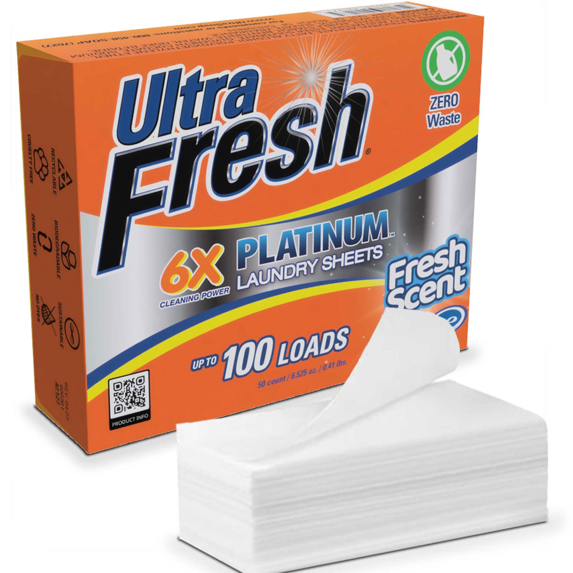 Ultra Fresh 50 Count Laundry Detergent Sheets for All Machine Types, 6X Platinum, Up to 100 Loads, Fresh Scent