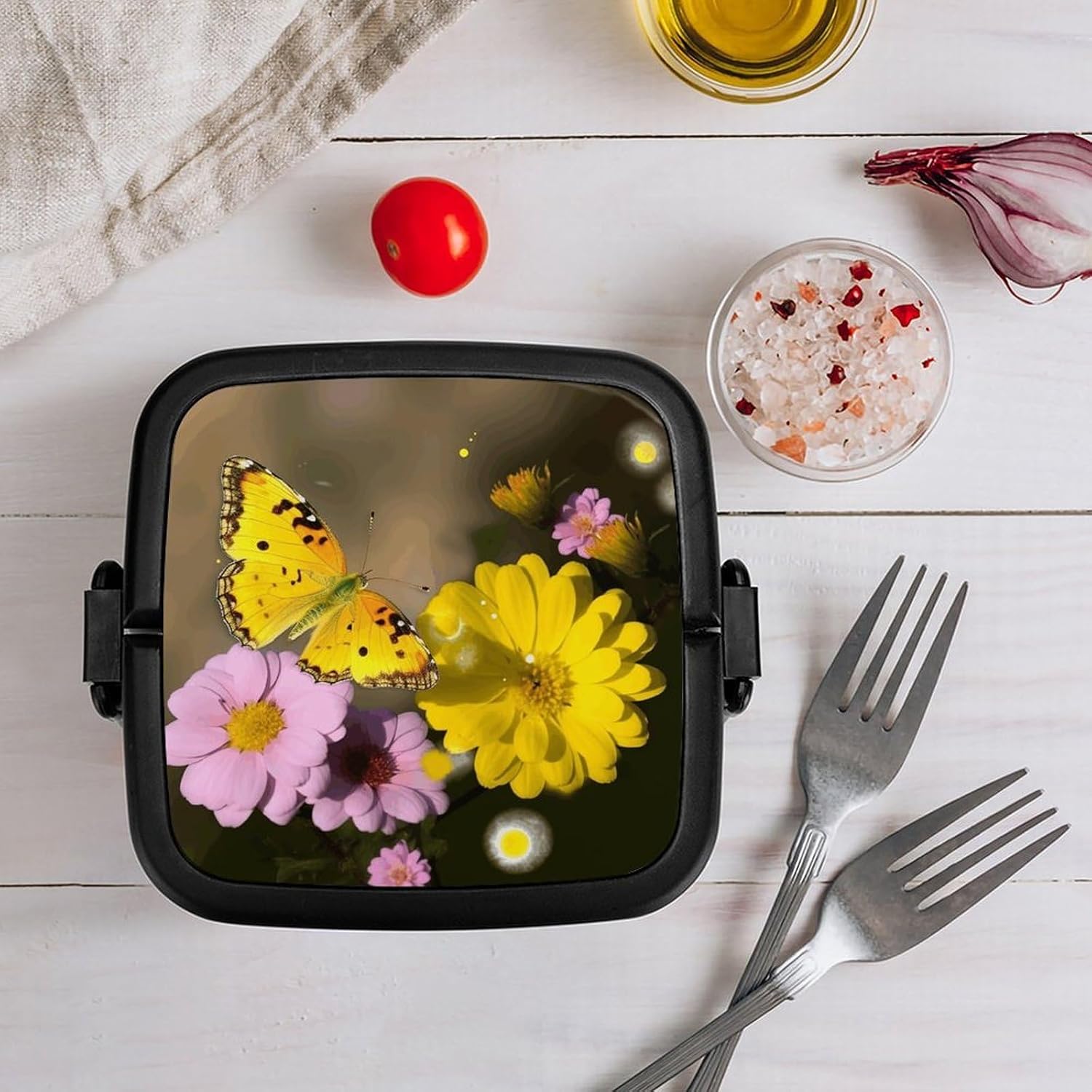 Yellow Butterfly And Flower Bento Box Stackable Lunch Box Salad Lunch Container Leak-Proof Bento Box for Adult Dining Out Work Picnic Travel