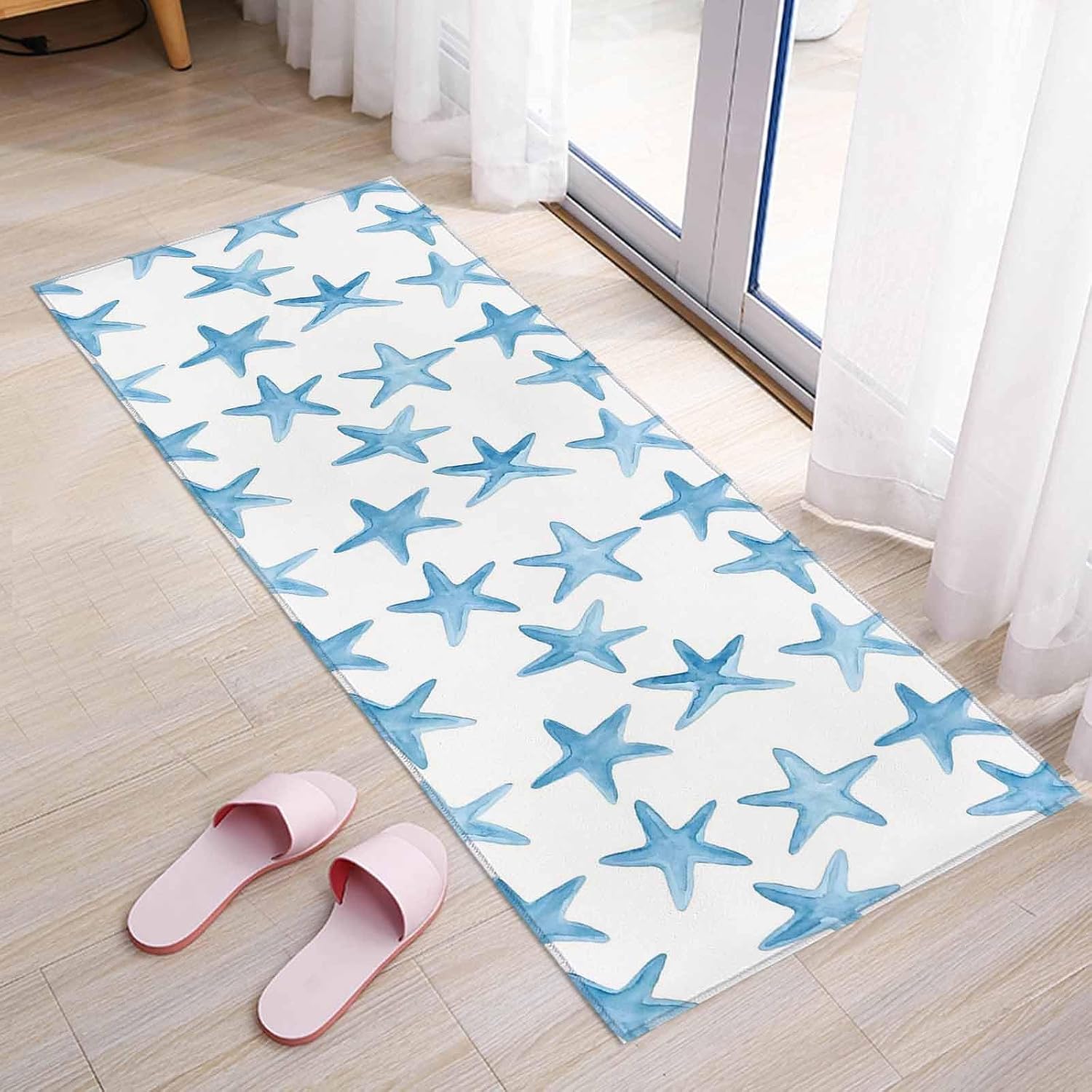 Teamery Kitchen Mats for Floor Marine Blue Starfish Seamless Washable Non Slip Kitchen Rugs 1PCS, Coastal Ocean Creature Absorbent Standing Mats for Sink Bathroom Office Living Room 23.6x70.9in