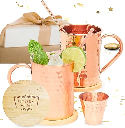 Tazas de 100% cobre Advanced Mixology para Moscow Mule, de 16 onzas, con 2 posavasos artesanales., Classic