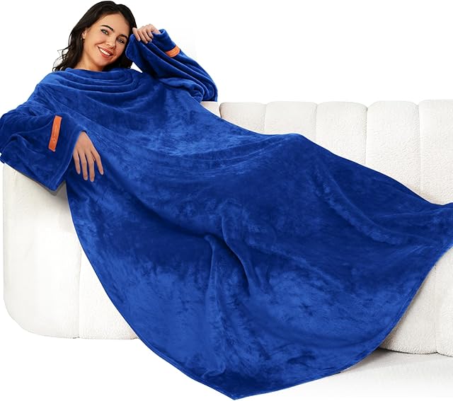 Winthome Blanket with Sleeves, Gift for Women Men Adult, Soft and Cozy Wearable Blanket with Elastic Cuffs, Hook and Loop Fastener (Navy Blue, 140x170cm)