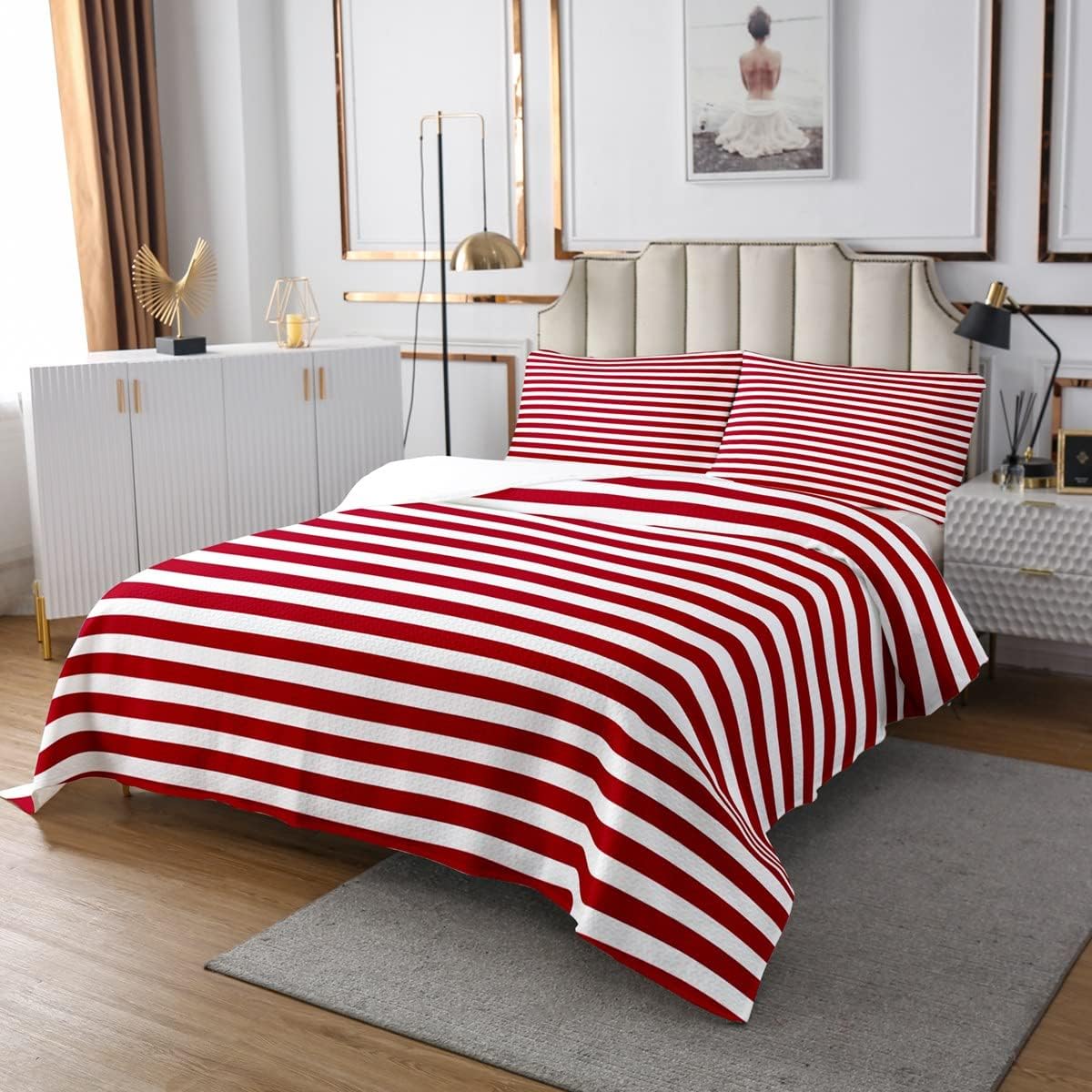 Erosebridal Girl Stripe Quilt Set King Size Red White Ticking Stripes Bedspread Set Bedroom Decor Horizontal Striped Lines Coverlet Set for Kids Women Modern Abstract Bedding Set