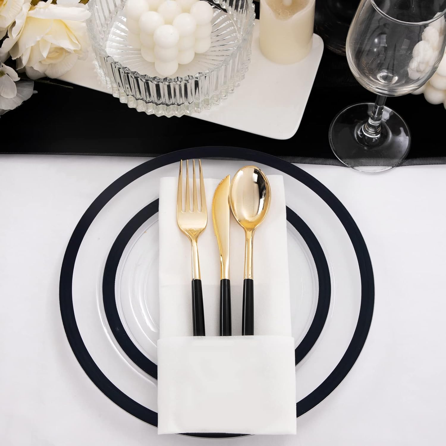 U-QE 120pcs Black Plates Disposable for Party - Clear and Black Plates Disposable Heavy Duty - Fancy Disposable Plates Include 60 10" Dinner and 60 7" Dessert Plate, Perfect for Party & Wedding