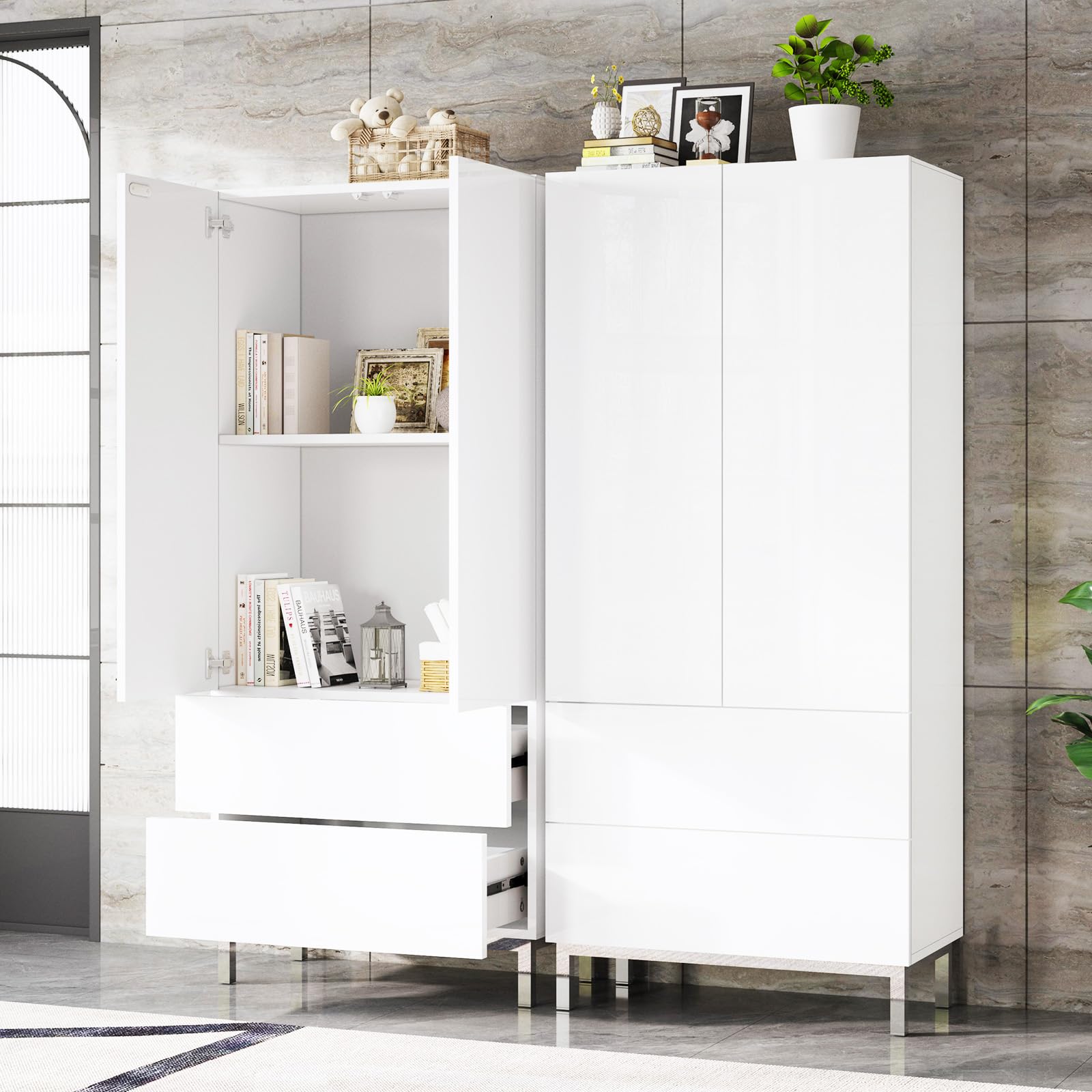 LUXOAK Moderner Hochglanz Schrank Weiß mit 2 Türen & 2 Schubladen – 86×40×178 cm Mehrzweckschrank mit Metallfüßen, Push-to-Open, Verstellbare Einlegeböden Für Wohnzimmer, Küche, Flur