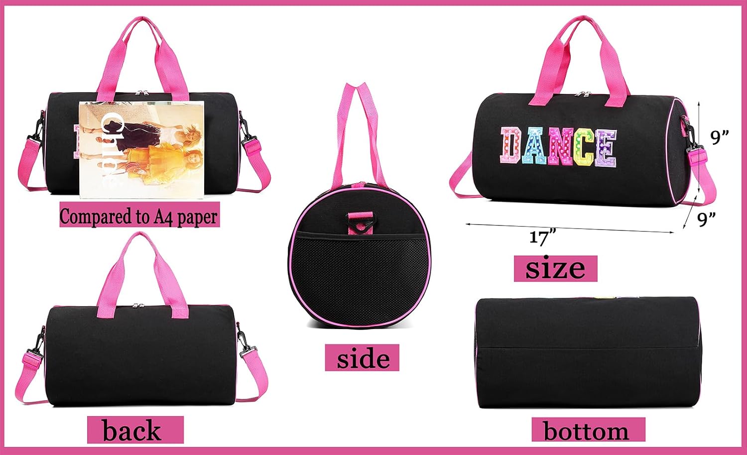 Dance Duffle for Girls, Kids Toy Storage, Weekend/Overnight Bag, Gymnastics 17"Lx9"Wx9"H (Rose Set-Clear Letter Bag)