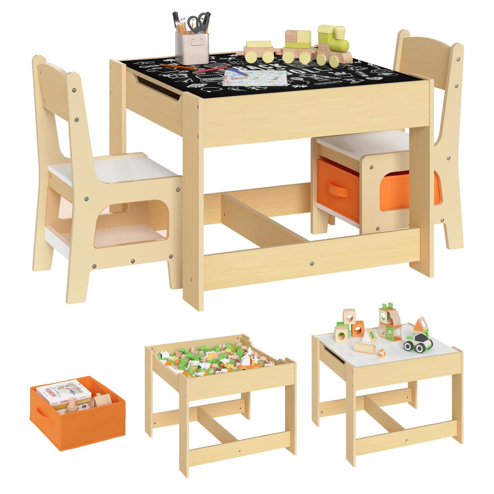 WOLTU Set Mobili con Lavagna Contenitore Tavolo e Sedie per Bambini Soggiorno Tavolino con 2 Sgabelli in Legno