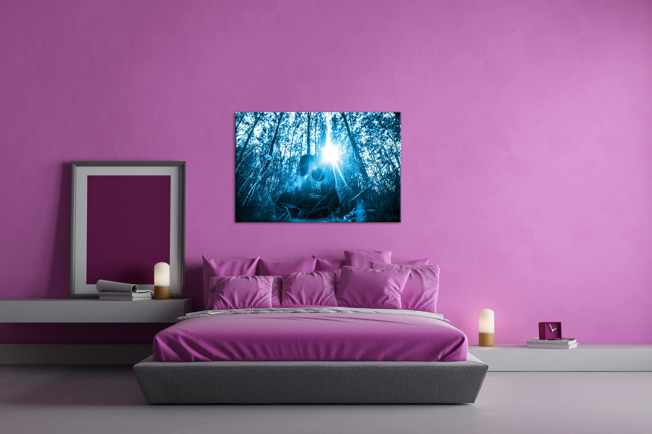 Chitarra Acustica Effetto Bosco idilliaco: Disegno su Tela incorniciata su Telaio in Vero Legno, Stampa Digitale di Alta qualità con Cornice, nessun Poster o Poster, Stampa su Tela, 100x70