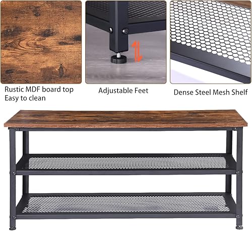 Miniatura 6 de Zapatero de 3 niveles de 39.4 pulgadas para entrada, organizador de almacenamiento, banco de entrada con estantes de malla, asiento de madera para