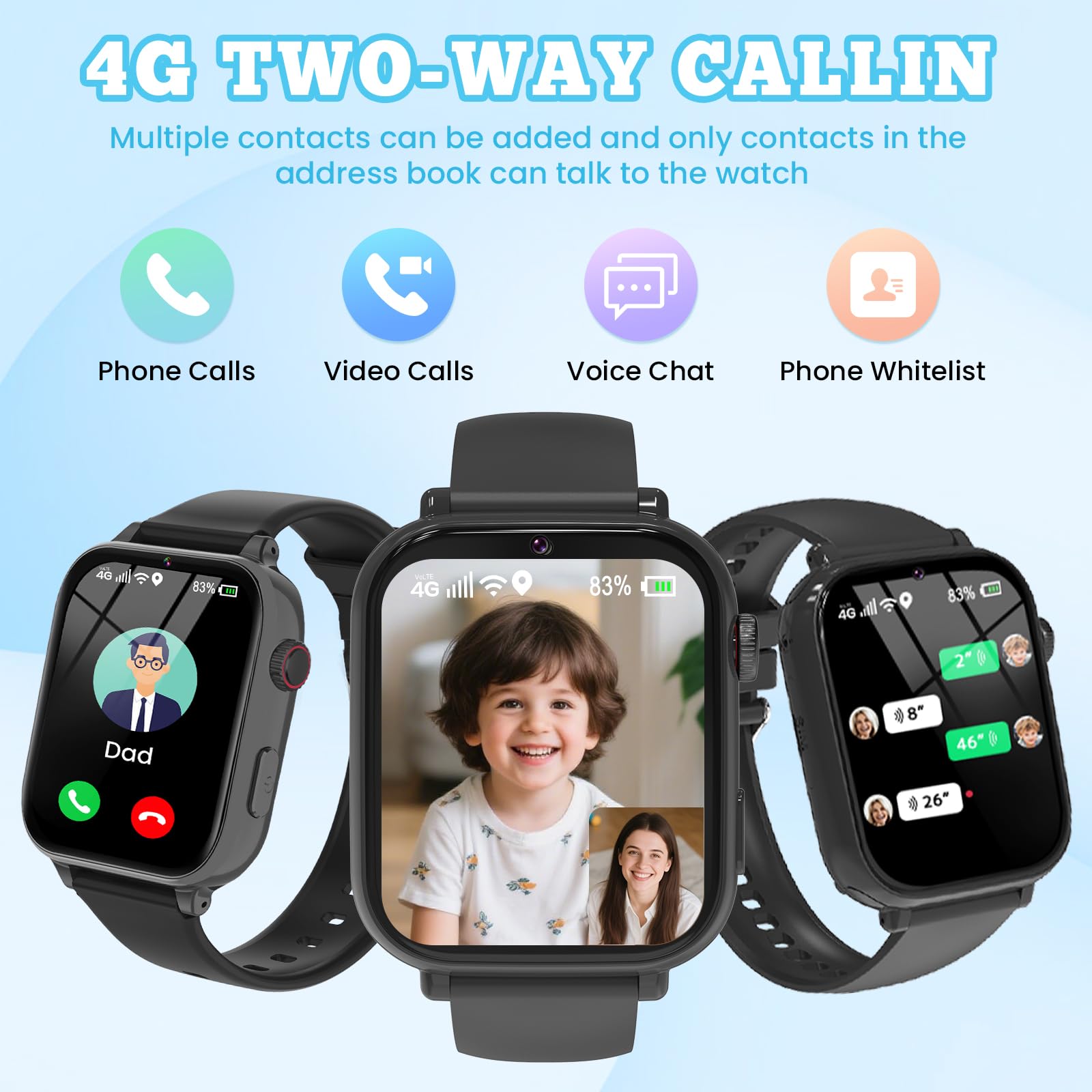 4G Smartwatch Bambini, Kids Smart Watch Intelligente con GPS, SOS, WIFI, Chat Vocale, Videochiamata, Modo Classe, Giochi Sveglia Contapassi Ragazzi Ragazze Orologio Regalo 4 ai 12 anni, Nero
