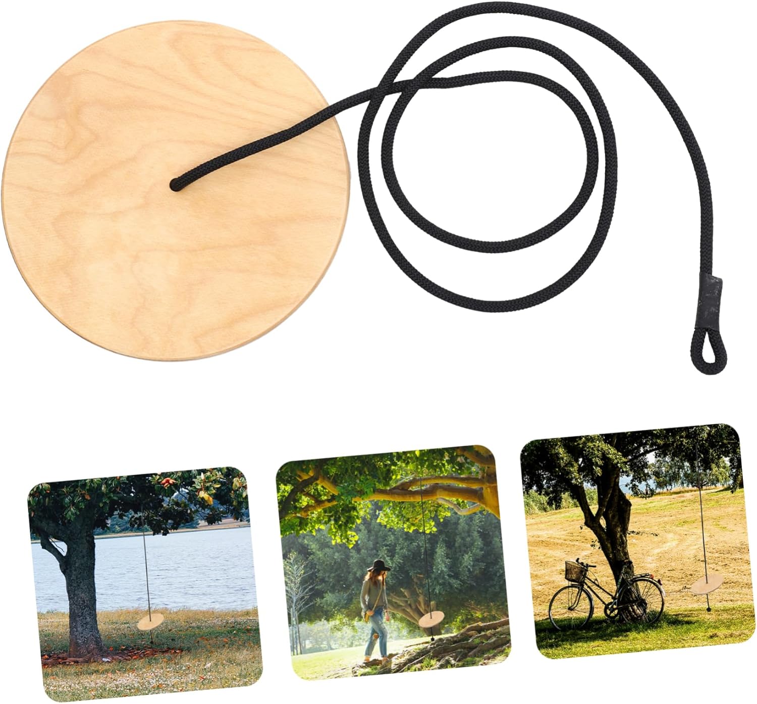 Yardwe Outdoor Wooden Disc Swing Thickened Wood Hanging Seat with Heavy Duty Braided Rope for Comfortable Design for Backyard Fun Height for All Ages
