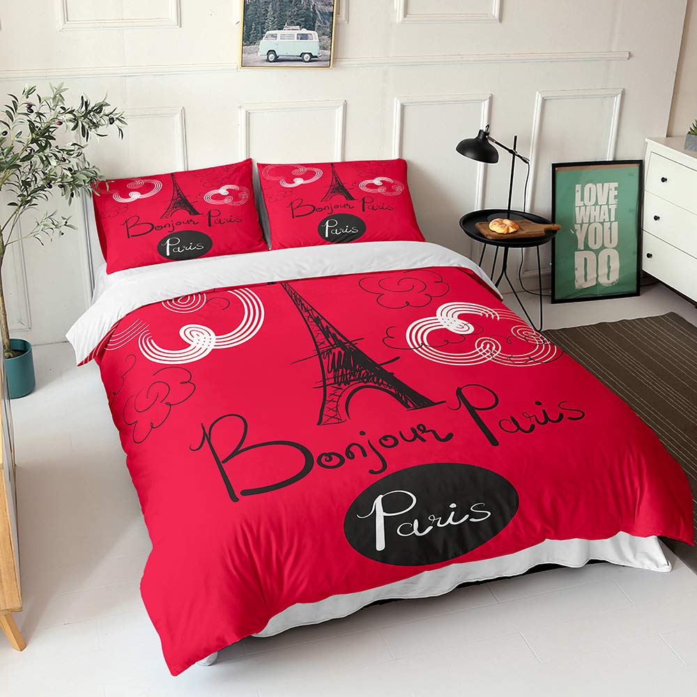 Parure de lit 2 personnes 140x200cm avec housse de couette drap taies motif amour rouge