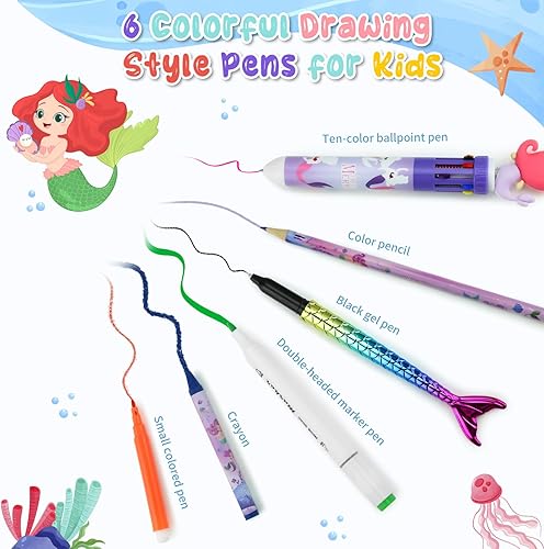 Miniatura 4 de JAMIEWIN Juego de marcadores con estuche de sirena con purpurina, 73 piezas de suministros de arte y manualidades para niños, regalos de sirena para