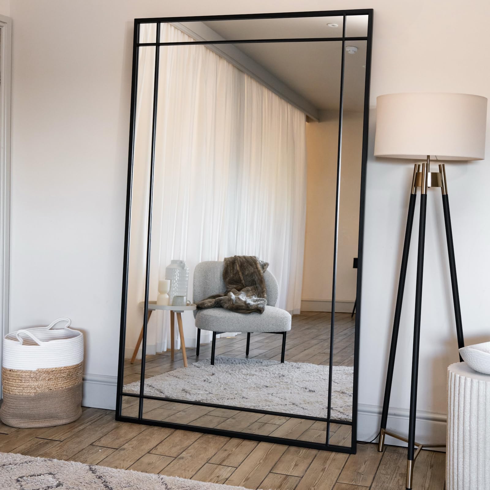 Jobu | Full Length Black Metal Window Mirror – 200cm x 120cm Large Rectangular Leaner or Wall Mirror for Bedroom, Living Room or Bathroom | Aimi