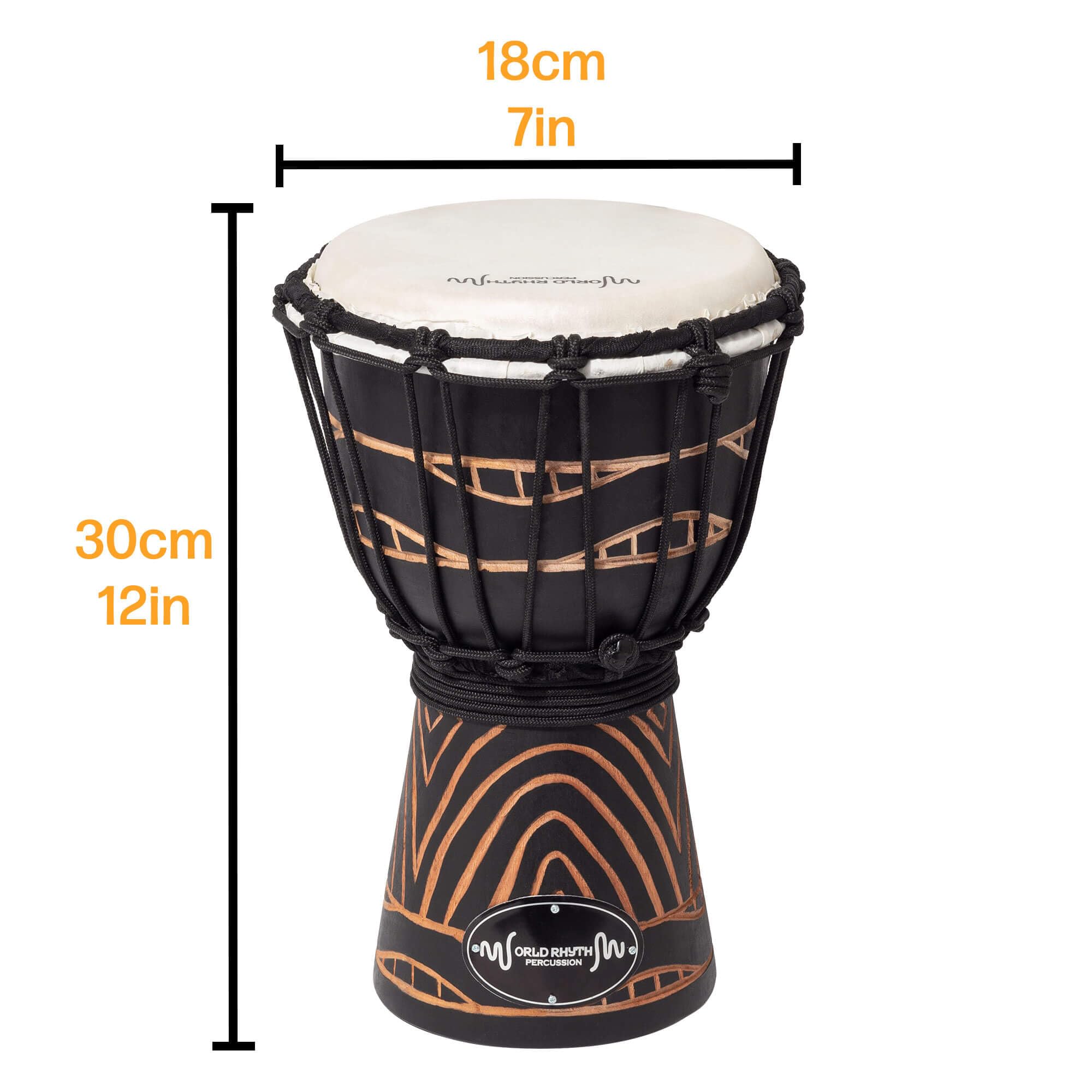 Tambor Djembe de 30 cm (12") con Cabeza de Piel de Cabra de 7" | Afinación por Cuerdas, Tallado a Mano, Estilo Africano, Swirl Black - para Artistas, Círculos de Tambor, Talleres Grupales