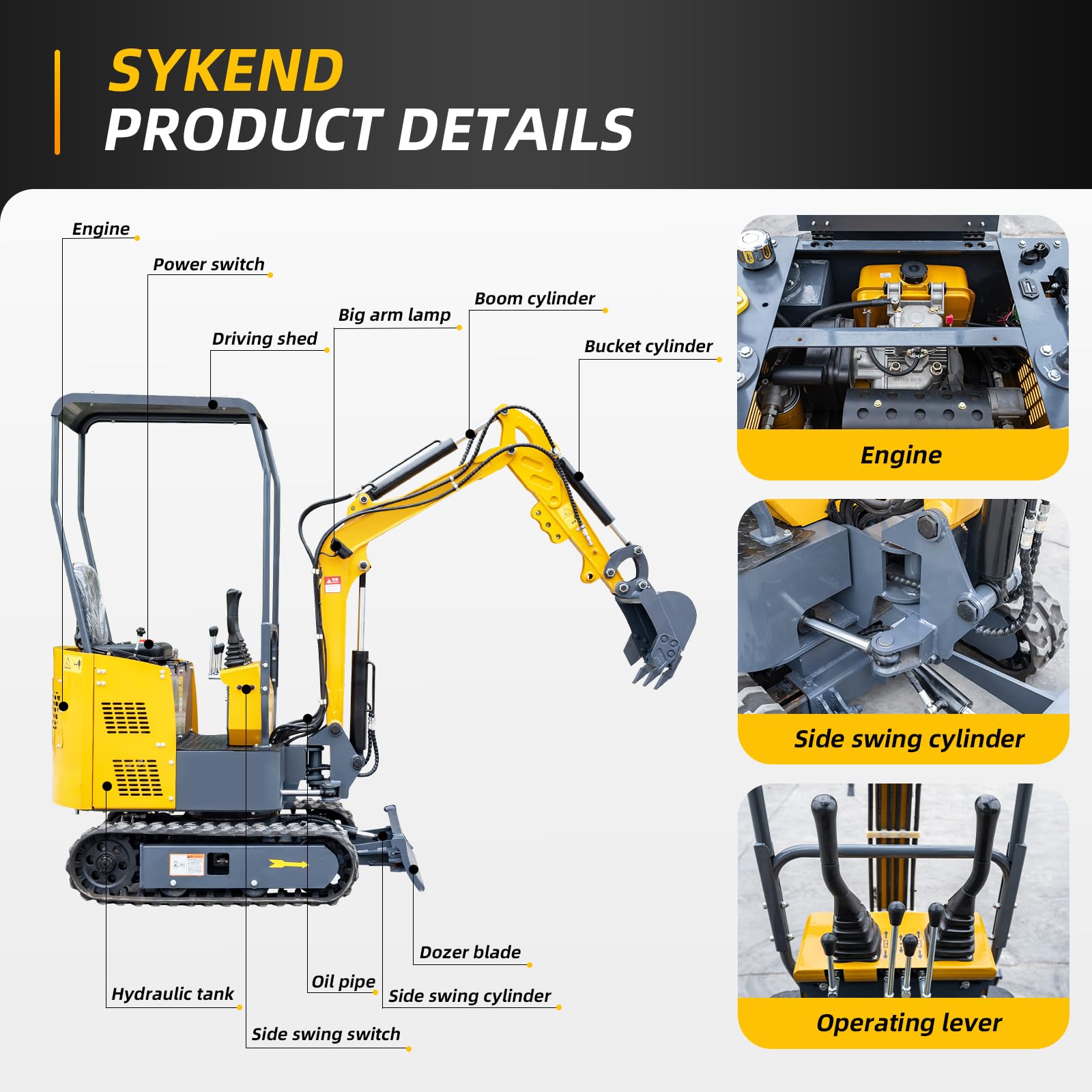 SKD-15C Mini Excavator, Crawler Backhoe with Canopy, Big Arm Side
