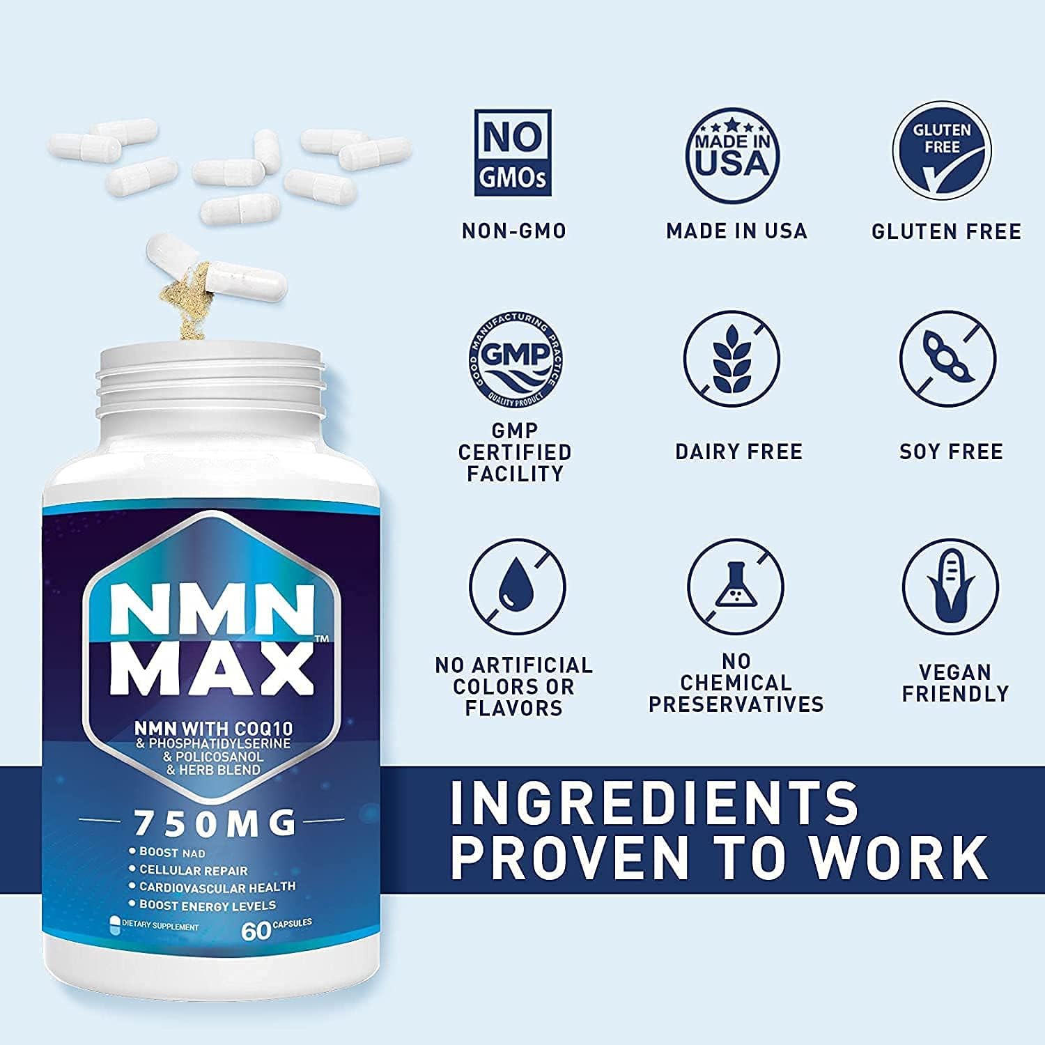 2 Pack Advanced NMN Supplement with CoQ10 750mg 7 Ingredients in 1 Capsule , Nicotinamide Mononucleotide 500mg + Coenzyme Q10 Phosphatidylserine Coenzyme Boost NAD+ for Anti-Aging & Overall Health : Health & Household