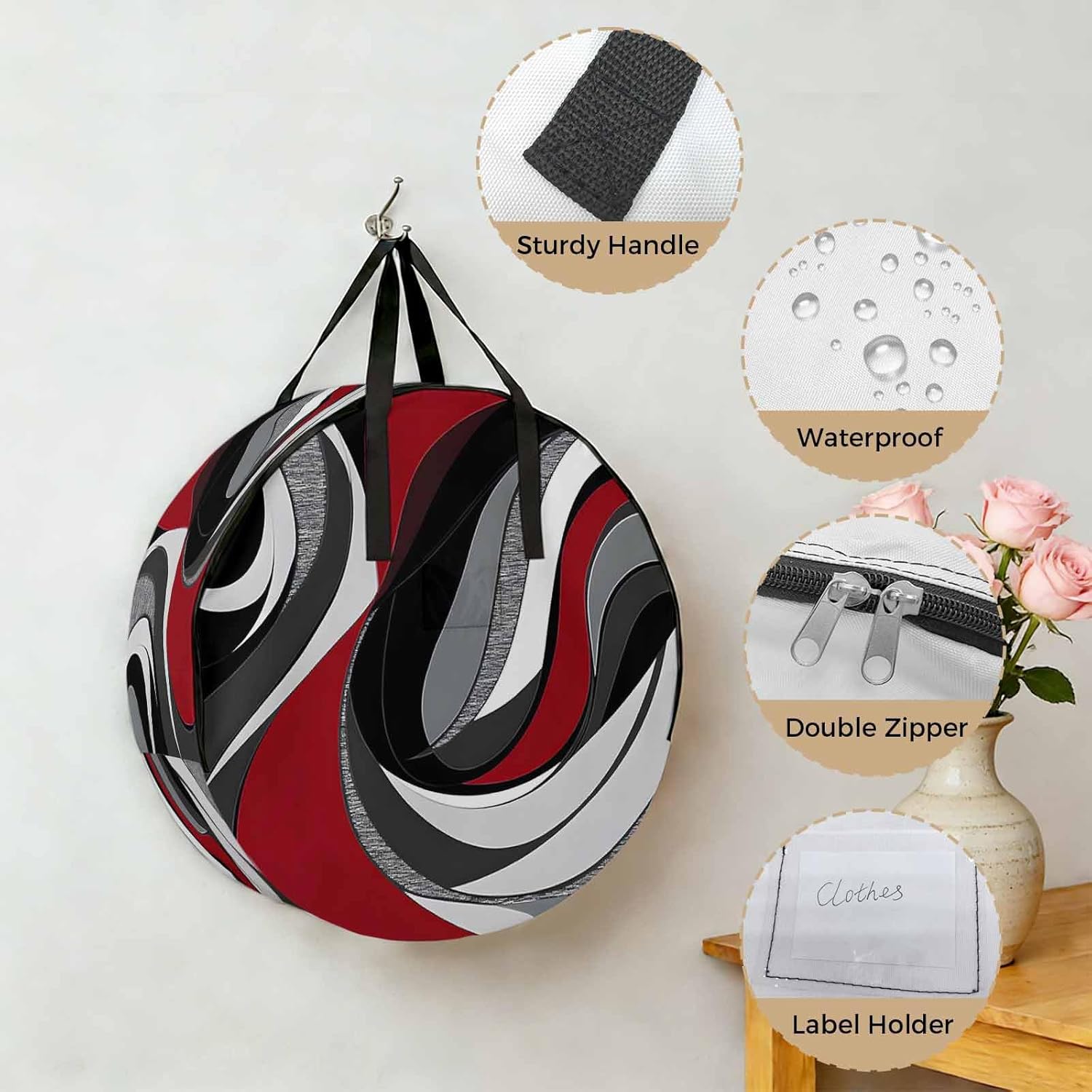 Abstract Twist Art Round Storage Bag 36 Inch, Black and Red Classic Match Modern Art Clothes Storage Container with Handles Heavy Duty Organizer for Comforter, Bedding & Holiday Wreaths