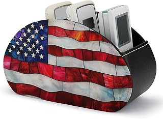 Stained Glass American Flag Remote Control Holder with 5 Compartments Leather TV Remote Caddy Remote Storage Box Desktop Organizer for Pen/TV Remotes/Media Controllers/Office Supplies