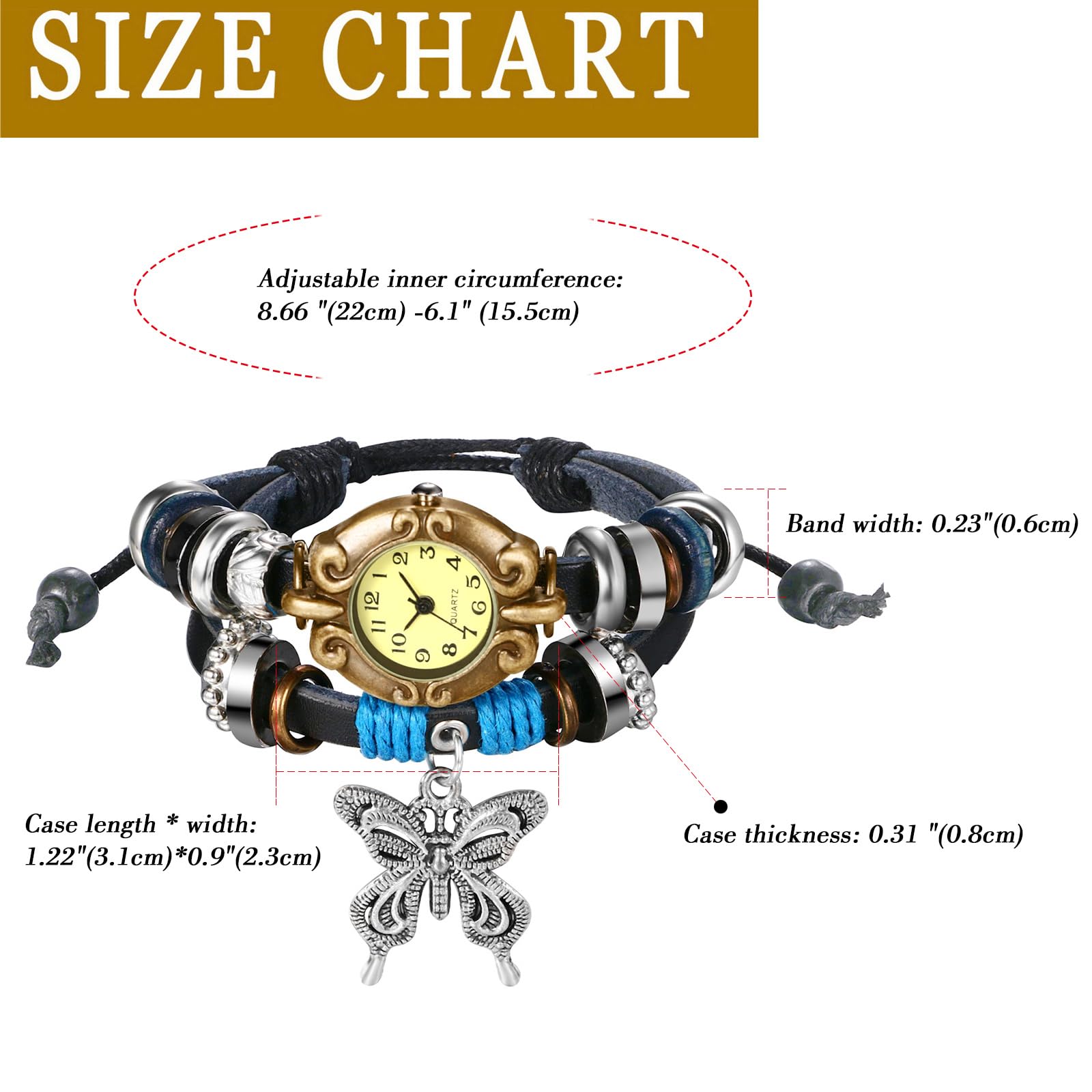 JewelryWe Damski zegarek na rękę, retro, pleciona, skórzana, bransoletka z zawieszką w kształcie liścia, dla kobiet i dziewcząt