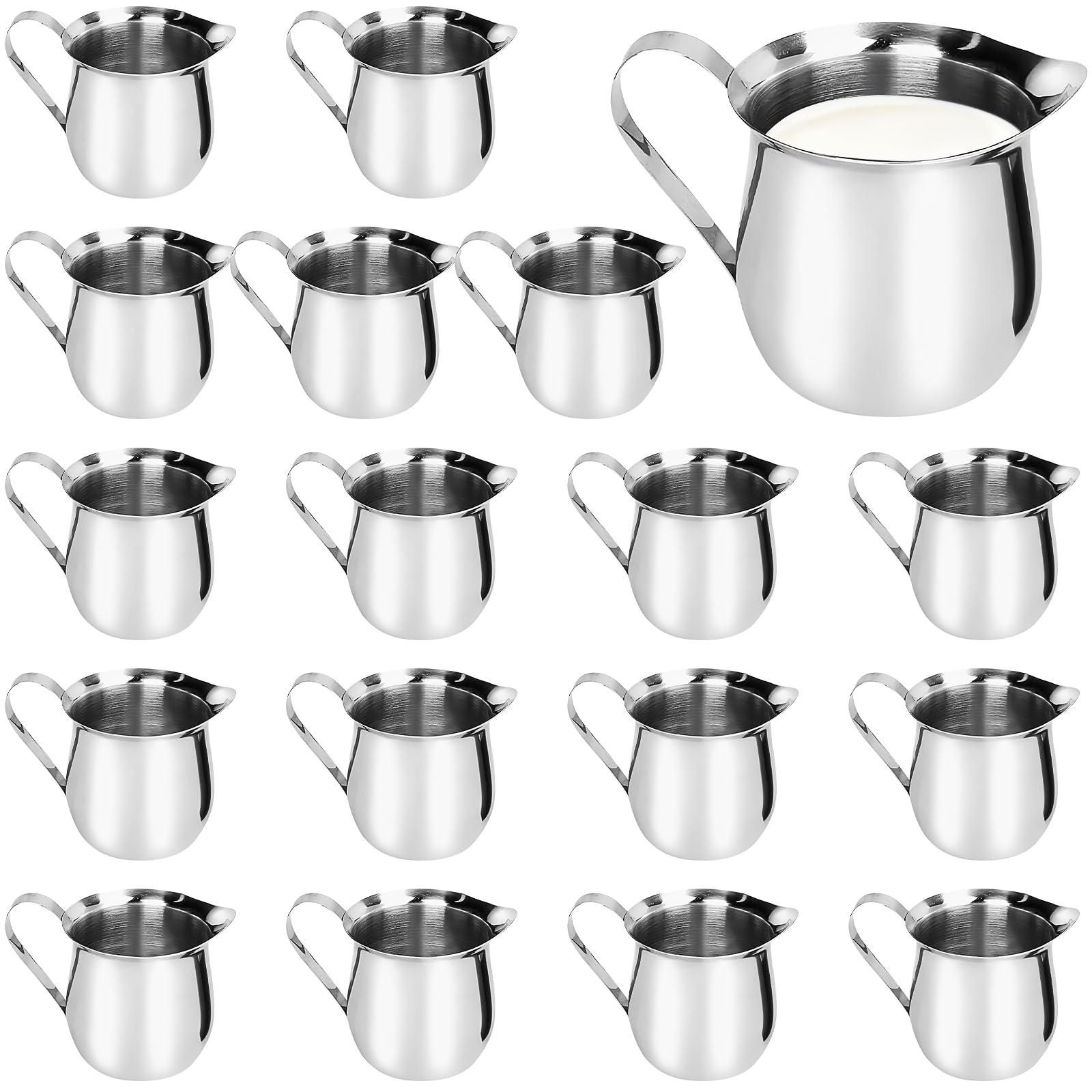 18 Pack Small Milk Jugs 90ml, Stainless Steel Creamer Pitcher, 3oz Mini Bell-Shaped Milk Pourer with Handle, Metal Serving Jug for Coffee, Tea, Milk & Sauces
