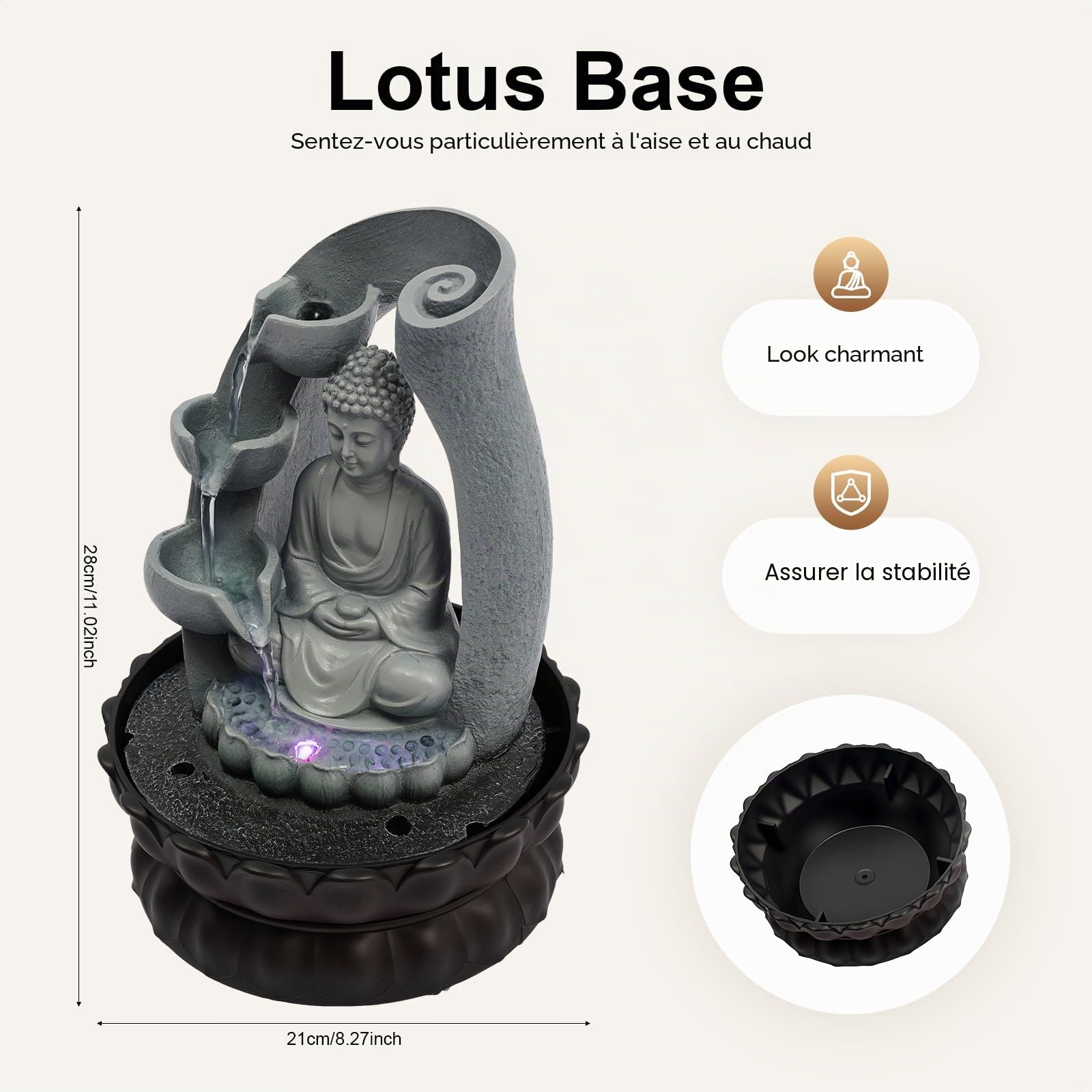 Fontaine d'intérieur Bouddha - Cascade - Fontaine de jardin - Avec éclairage LED - Pour la maison et le bureau - 21 x 21 x 28 cm