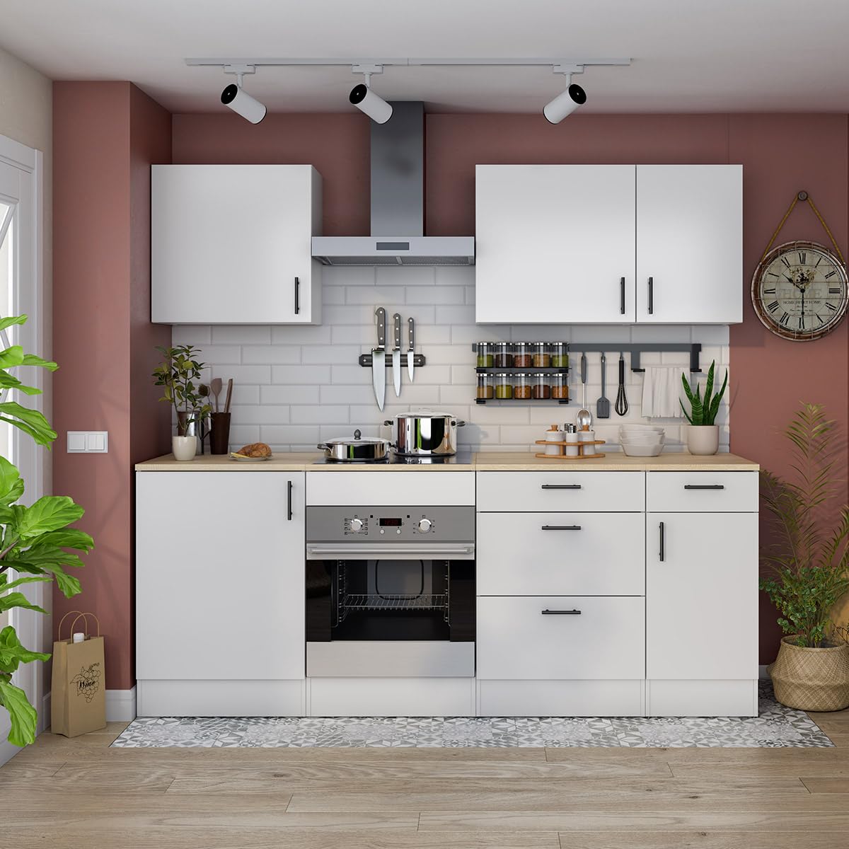 PEGANE - Meuble Bas de Cuisine avec Plan de Travail pour Four Coloris Blanc Brillant/Chêne Canadien - Hauteur 90 x Longueur 60 x Profondeur 60 cm