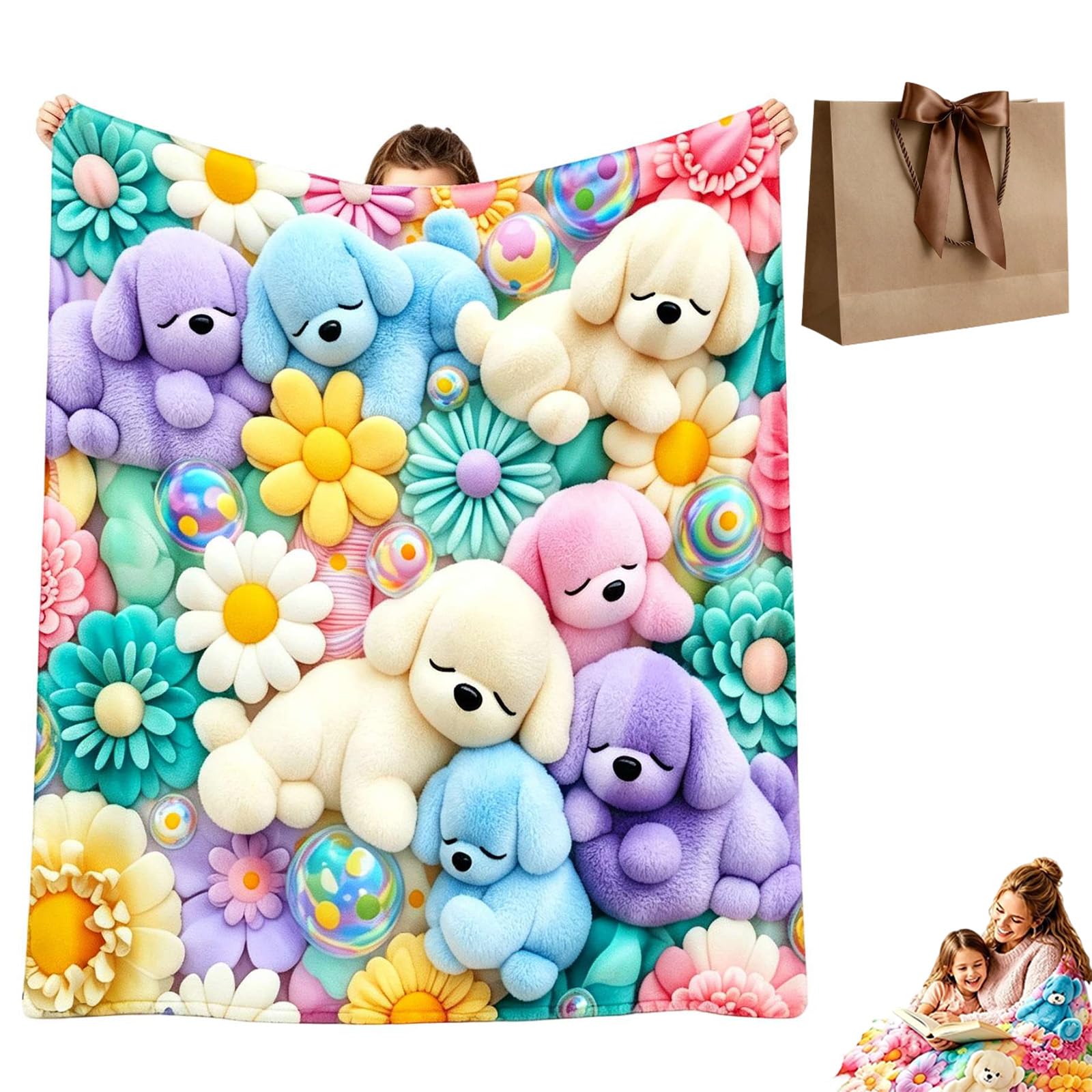 Jmwub 2027 Teddy Pastel Floral Print Throw Blanket, Kawaii Teddy Bear Blanket, 3d Plush Throw with High-Definition Pastel Print, Feels Gentle on Skin for Women, Teens, (1PC-H,70 * 100)