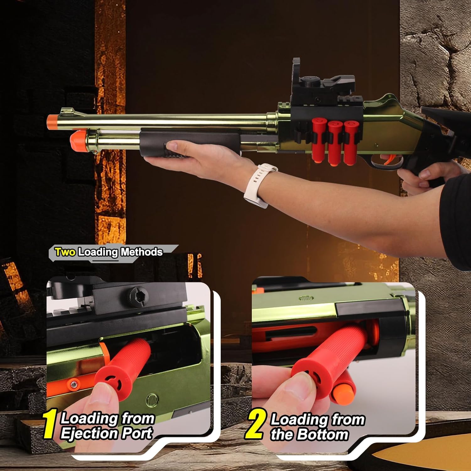 Blaster per freccette in schiuma EVA morbida da 76 cm, con 14 involucri a guscio, 50 freccette in schiuma, fucile realistico a pompa, per oltre 14 anni