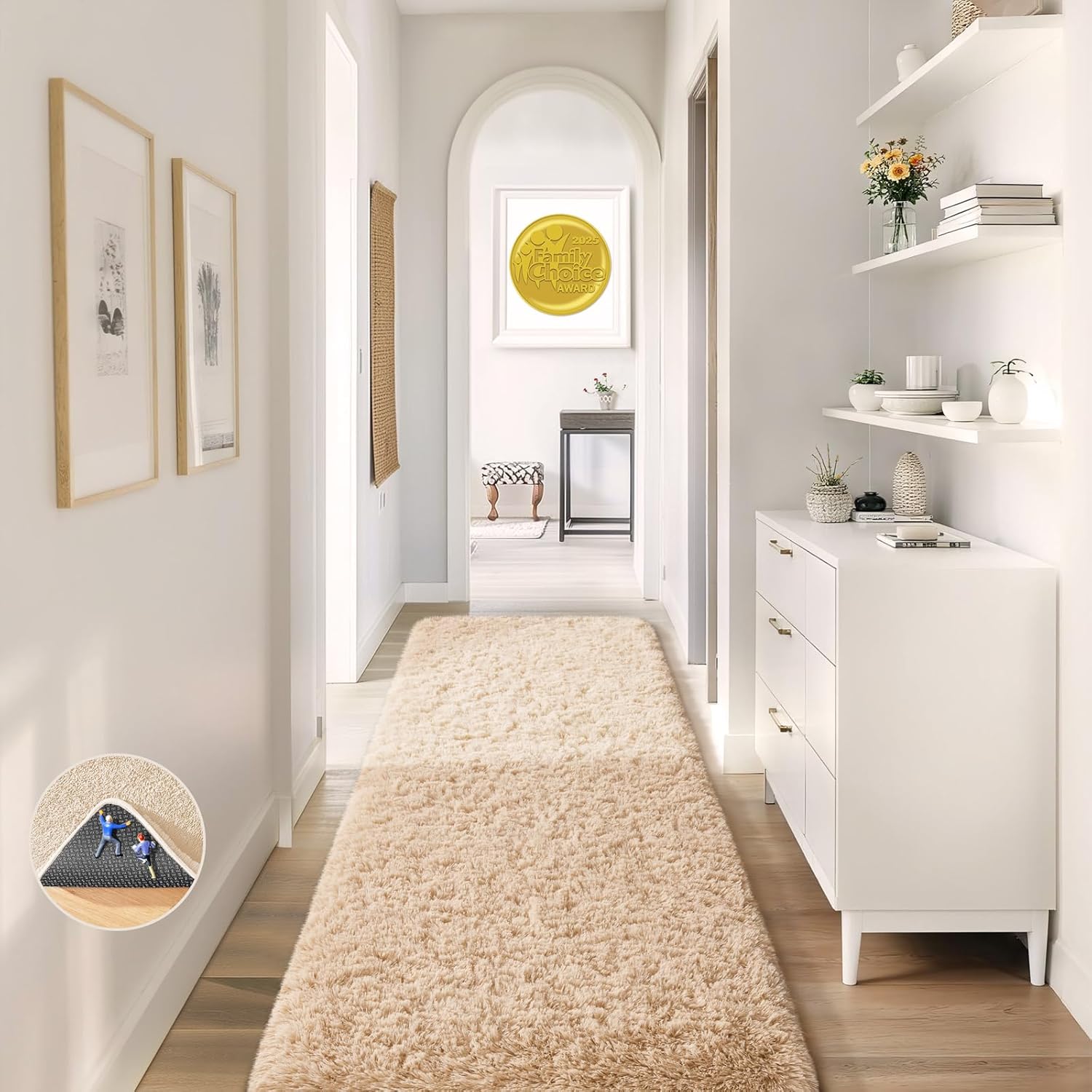 Ophanie 2x8 Runner Rug for Hallway, Upgrade Non-Slip Fluffy Soft Bedside Rugs, Bedroom Living Room Beige Shaggy Carpet for Kids Girls Boys Dorm Nursery Home Decor Aesthetic