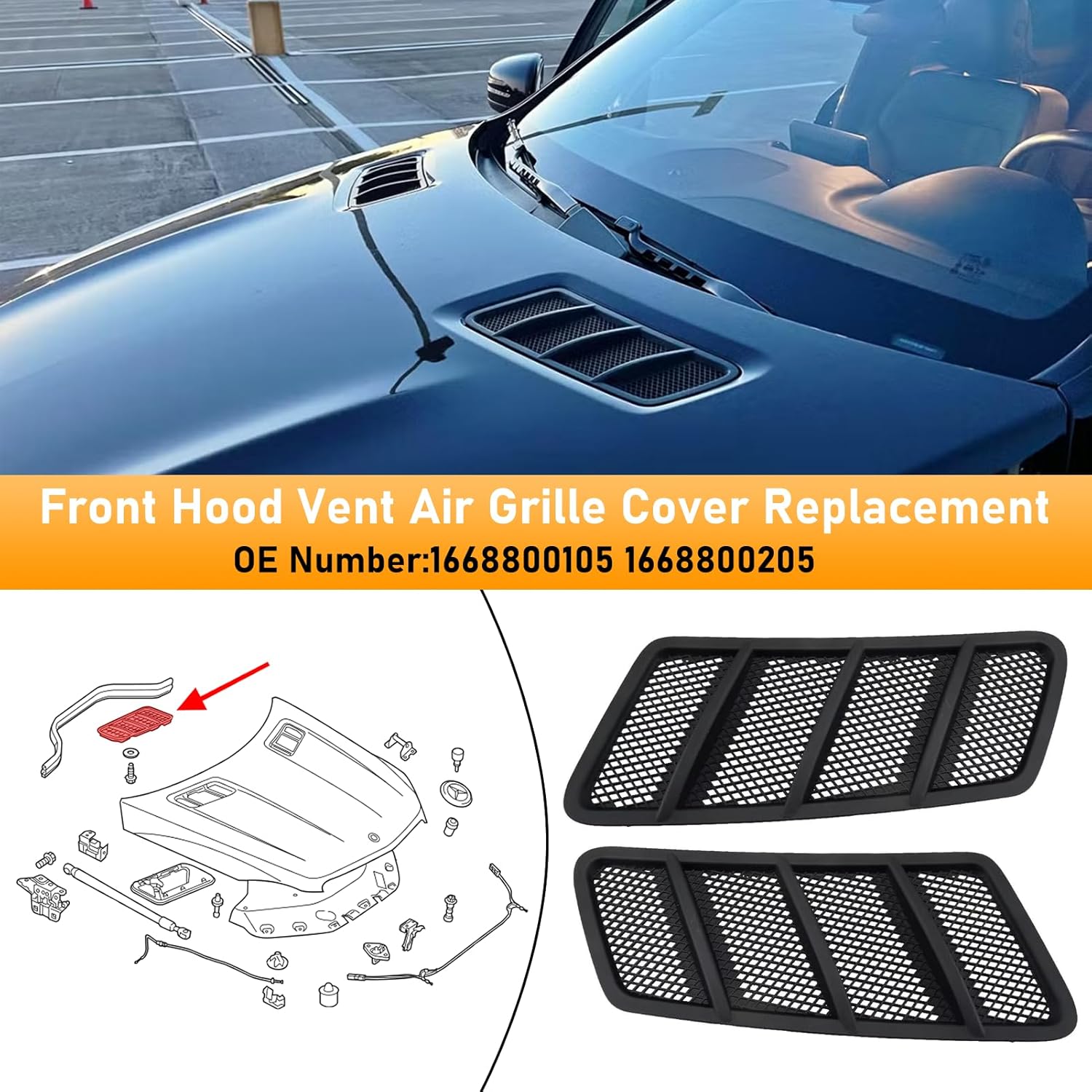 Compatible with Mercedes Benzs Hood Air Vent Grille Cover Trim 2012-2015,W166 ML GL Class Air Hood Scoop Bonnet Replace Left&Right Side,Replacement for 1668800105 LH/1668800205 RH,Black,1 Pair - Image 4