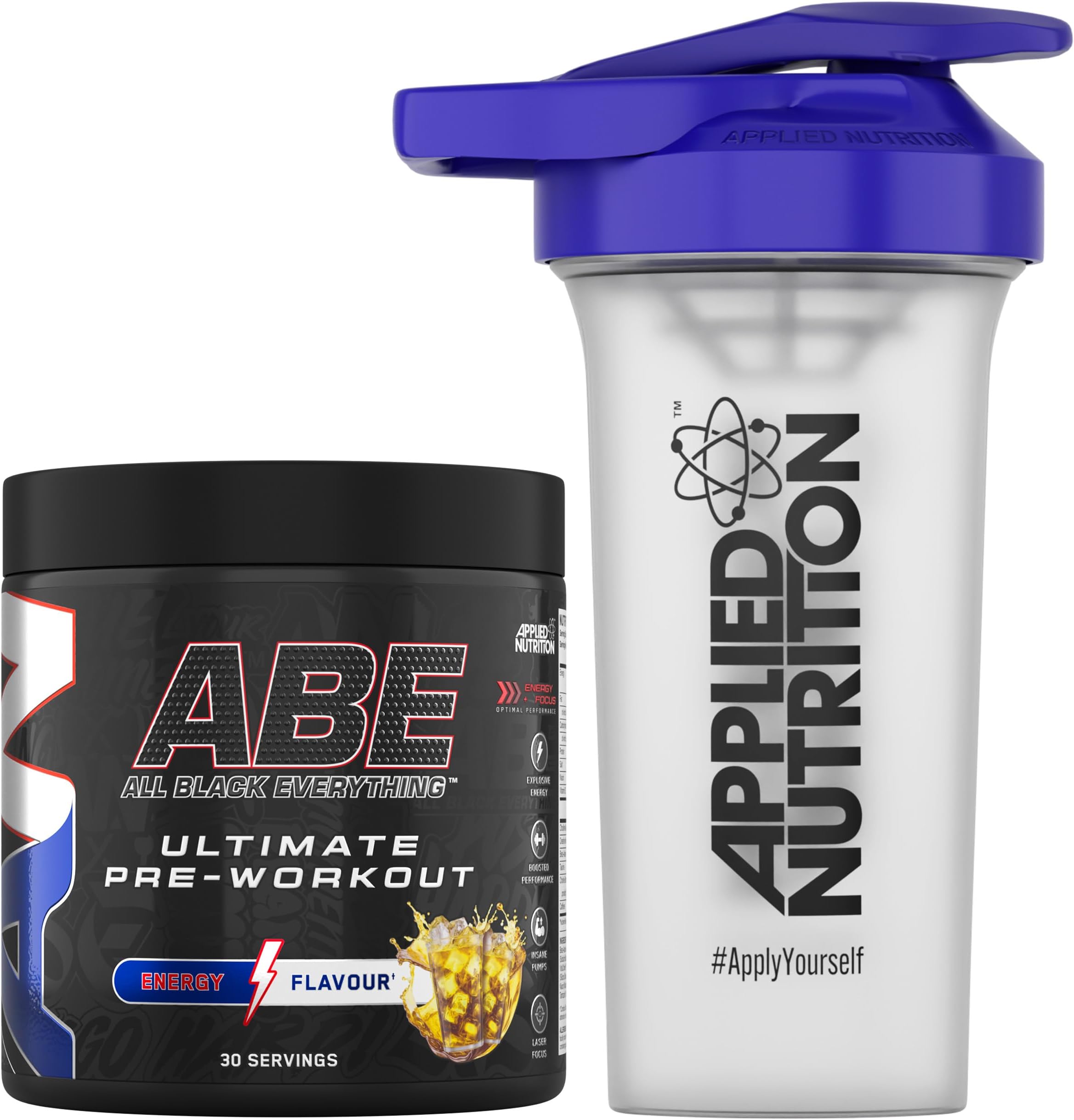 Applied Nutrition Bundle ABE Pre Workout 375g + 700ml Protein Shaker | All Black Everything Pre Workout Powder, Energy & Physical Performance with Creatine, Beta Alanine (Energy Flavour)