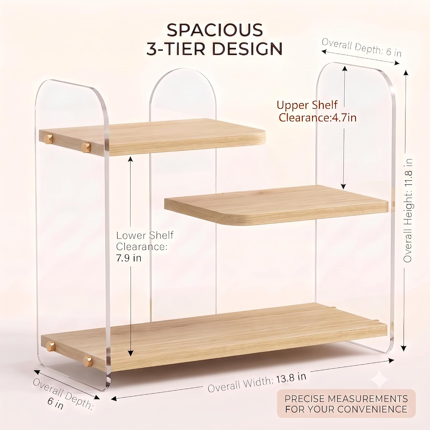 3-Tier Acrylic & Wood Bathroom Vanity Countertop Organizer Shelf image 2