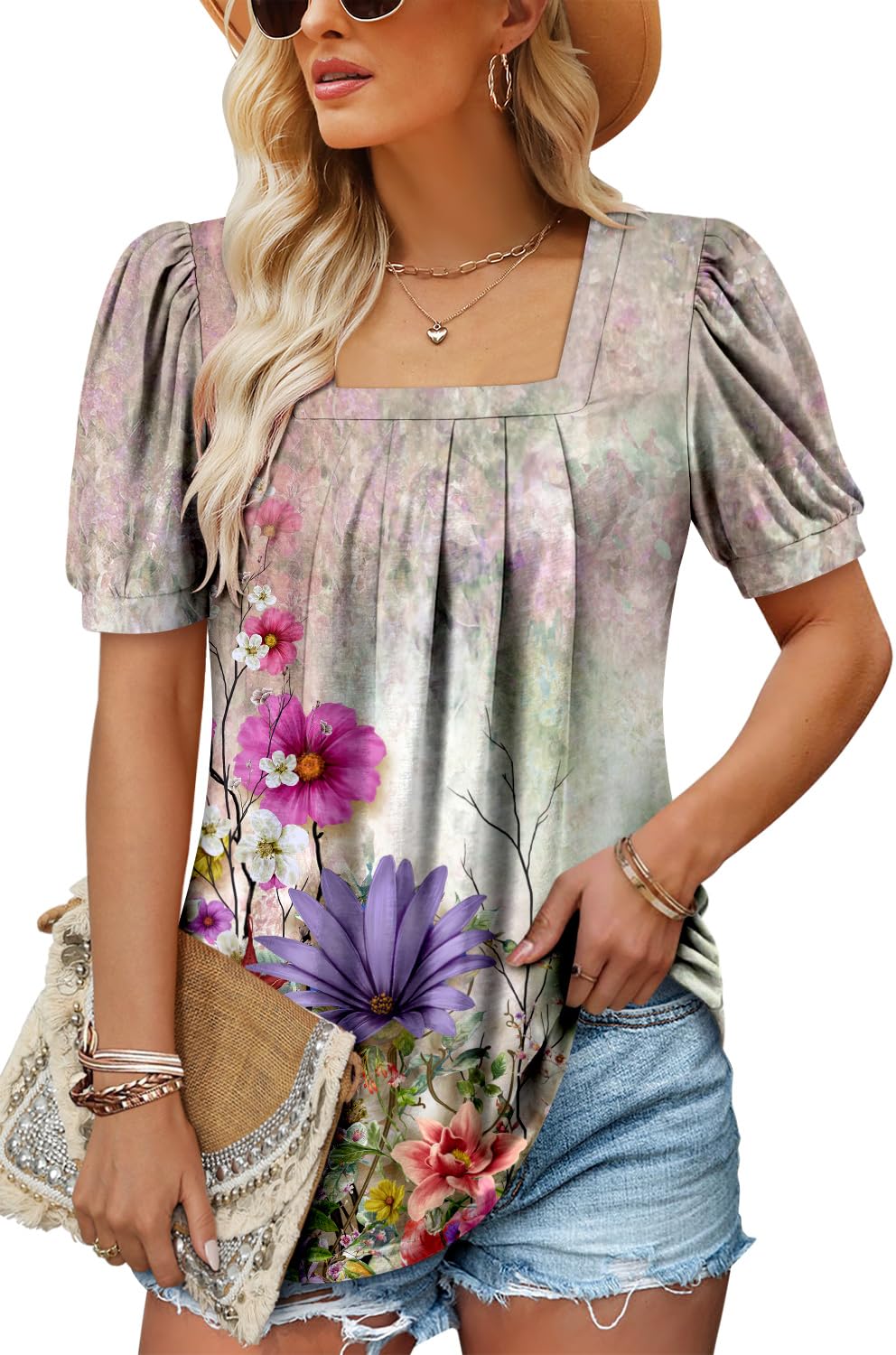 CHICZONE Women Short Sleeve Summer Tunic Tops Square Neck Trendy Shirt Dressy Casual Classic Tshirts Blouse