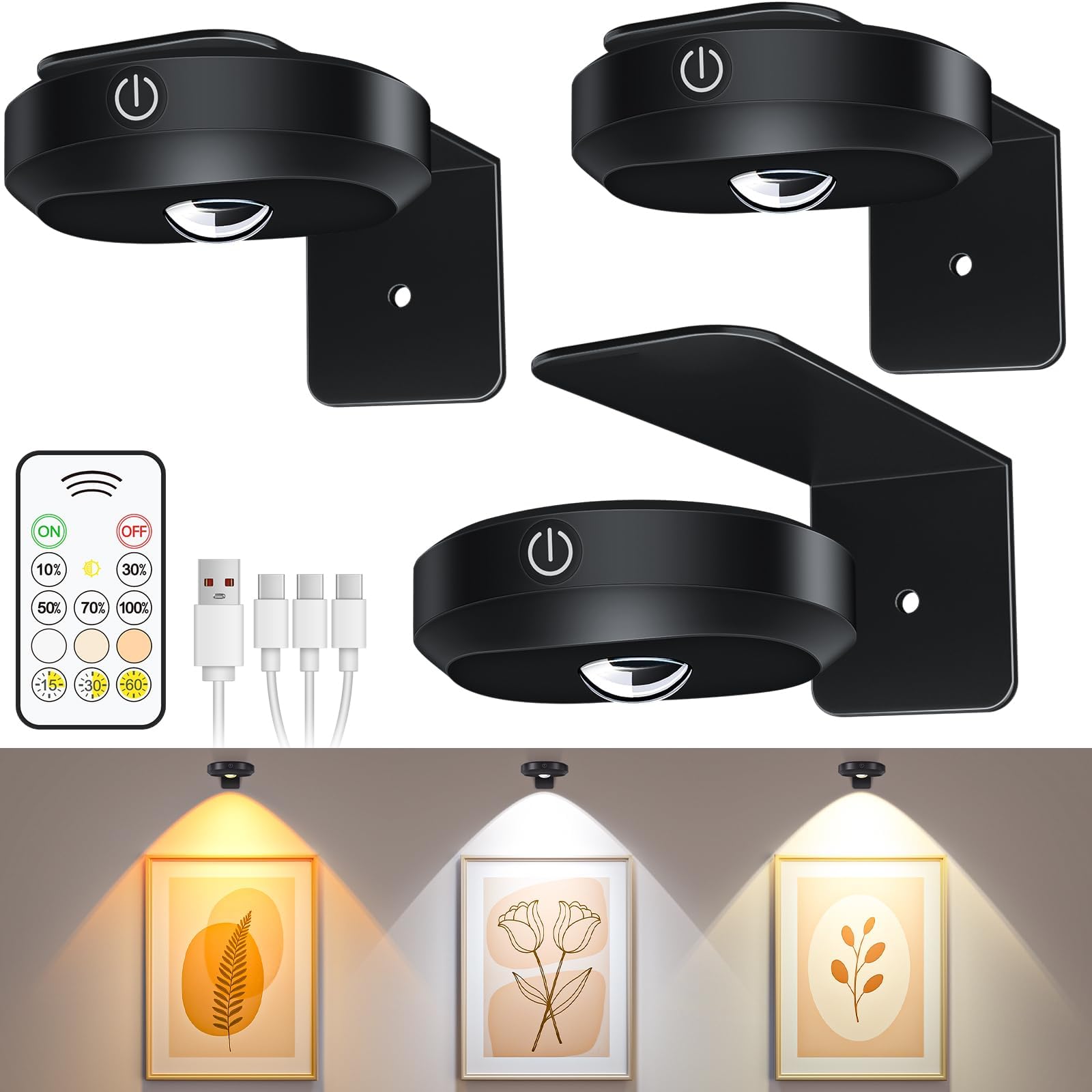 Picture Lights for Wall, 1200mAh Rechargeable Battery Operated Picture Frame lights, Puck Lights with Remote, Dimmable & Timer Art Lighting for Paintings Wireless, Magnetic Gallery Light/3 Pack