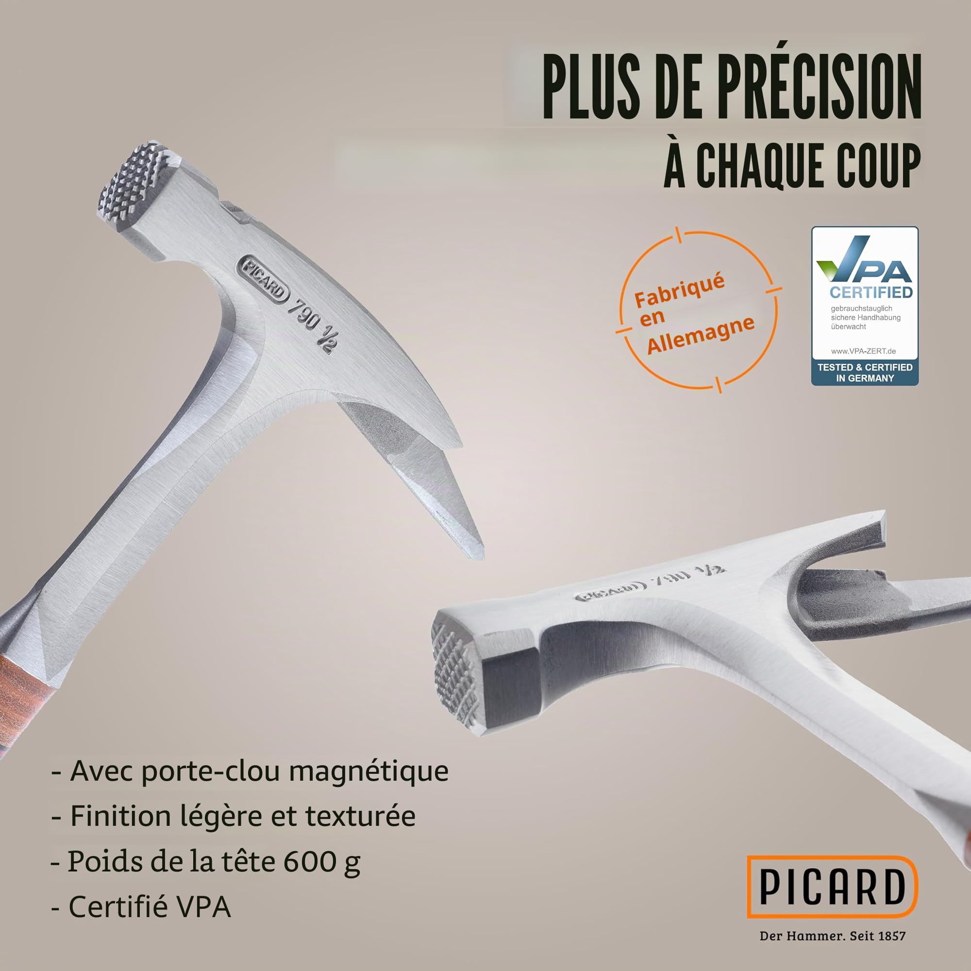 PICARD marteau de charpentier, surface striée, no. 790 ½ + Pied-de-biche BlackGiant® + Sticker | Marteau charpentier professionnel 800 g | Tout acier | Magnet porte-clou | Hammer | Avec arrache clou