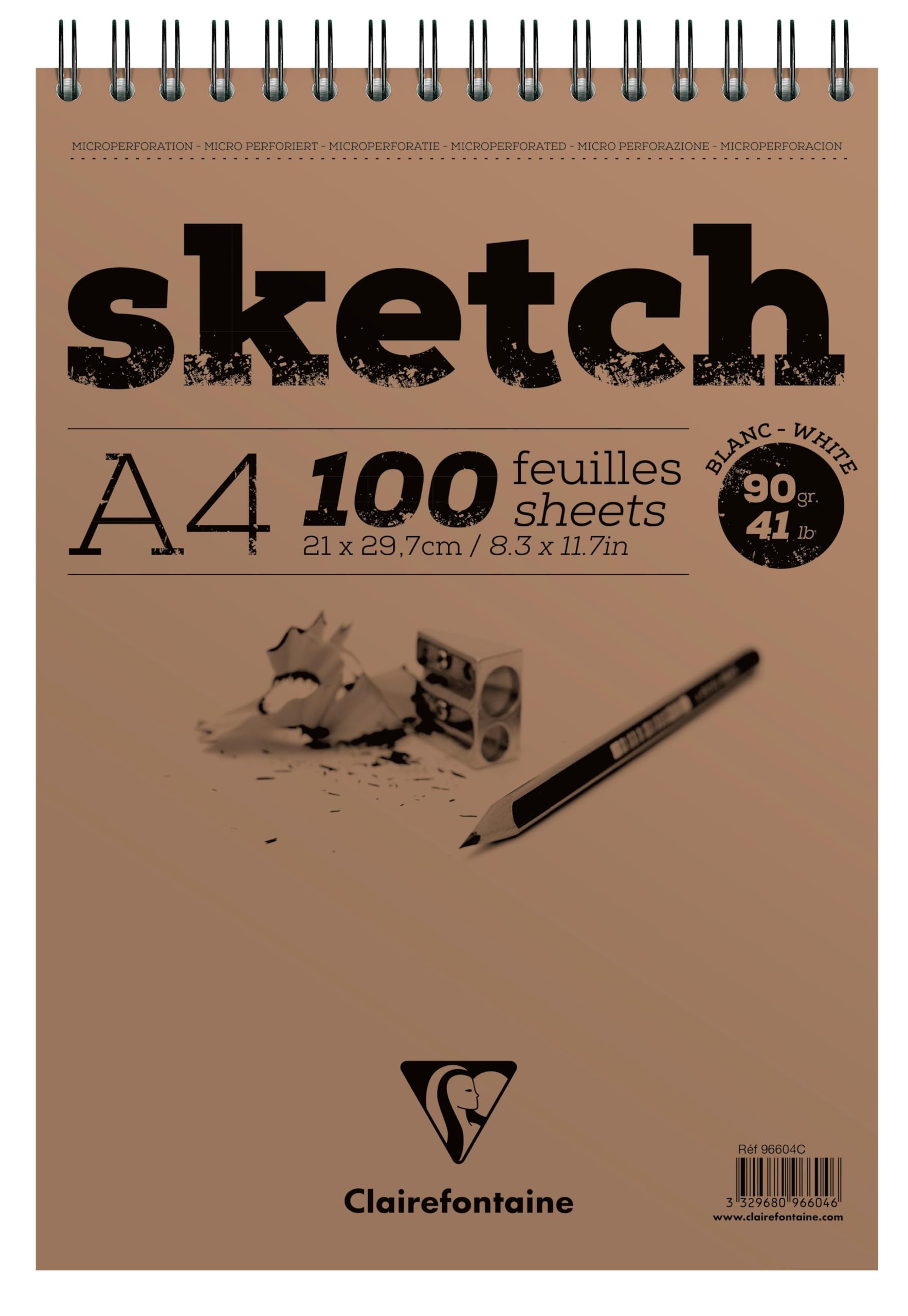 Clairefontaine - Ref 96604C - Head Wirebound Sketch Pad (100 Sheets) - A4 Sized, 90gsm Paper, Microperforated - Suitable for Sketching with Pencil, Charcoal & Felt Tip