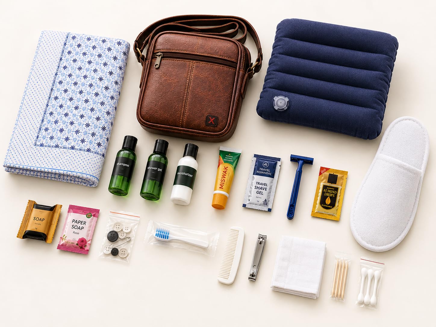Travel Wellness Kit for Train, Bus & Flight | 19-Piece Premium Travel Essentials Set with Faux Leather Bag, Inflatable Pillow, Cotton Topsheet, Disposable Slippers, Toiletries, Grooming Kit-image-41
