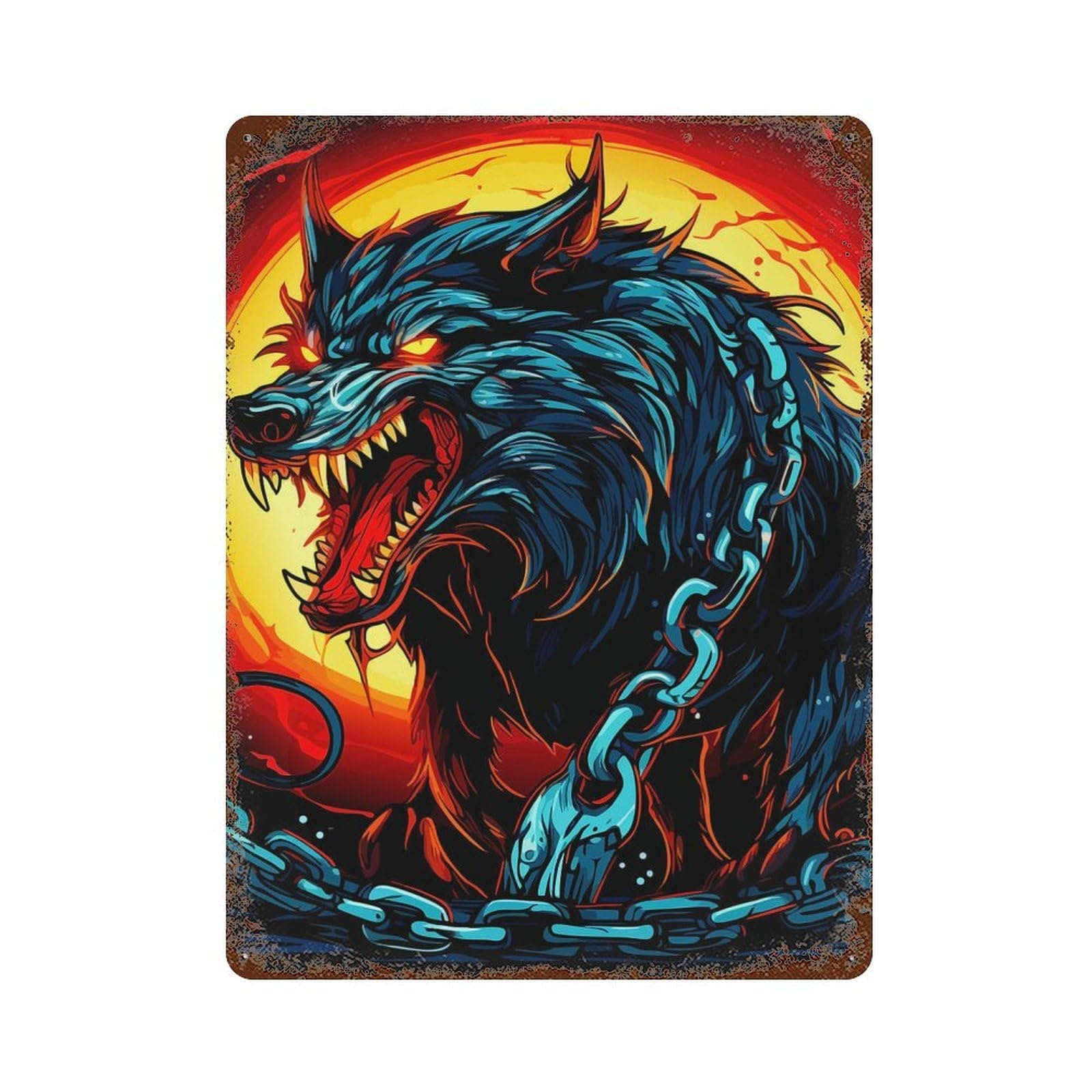 Garage Style Angry Wolf with Chains Illustration Rust Effect Tin Sign 15.7"x11.8", Industrial Home Decor for Bar And Workshop