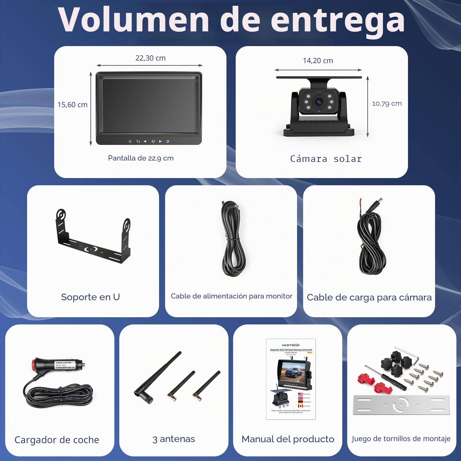Camara Trasera Coche Inalambrica Solar, Magnética 10000mAh Recargable Batería Cámara Marcha Atras con 1080P 9'' Monitor, Impermeable, Visión Nocturna, para Coche, Camión, Caravana(VS-9A)