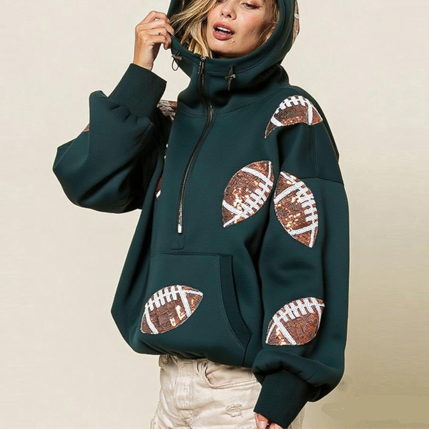 Xunger Women's Football Sequin Hoodie Half Zip Long Sleeve Rugby Patches Game Day Hooded Sweatshirt