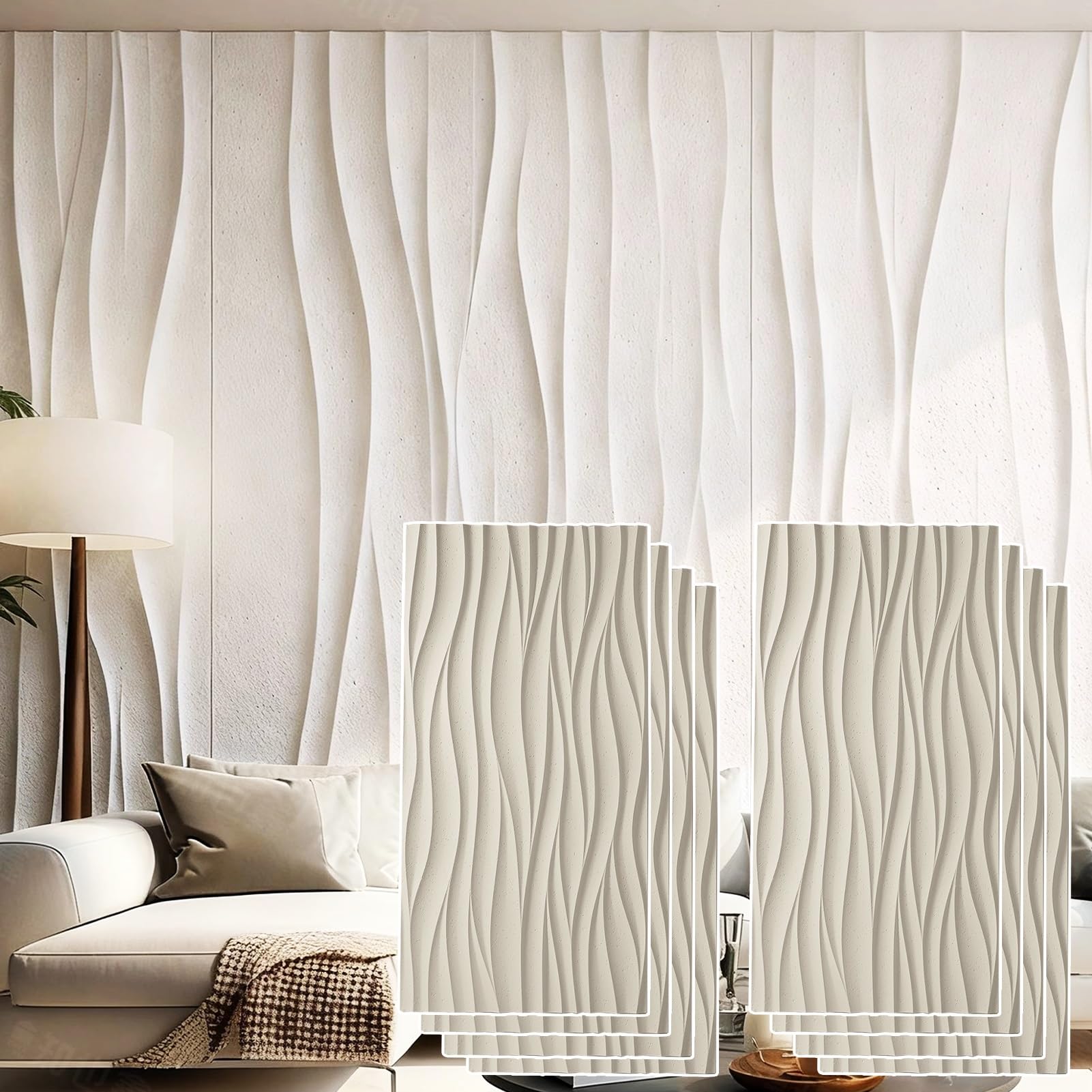 Wave - Paneles de pared de poliuretano 3D con textura de piedra sintética, revestimiento de pared interior exterior para pared decorativa, paneles de fondo para sala de estar (blanco, paquete de 4)