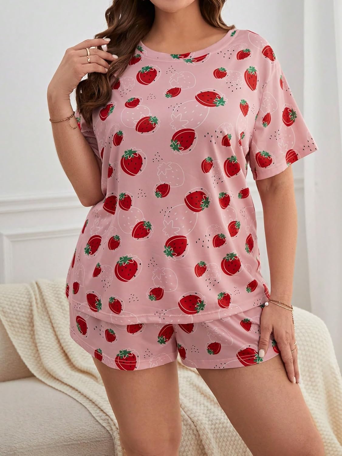 WDIRARA Women's Plus Size 2 Piece Pajama Set Cartoon Print Round Neck Short Sleeve Tee with Shorts - Image 5