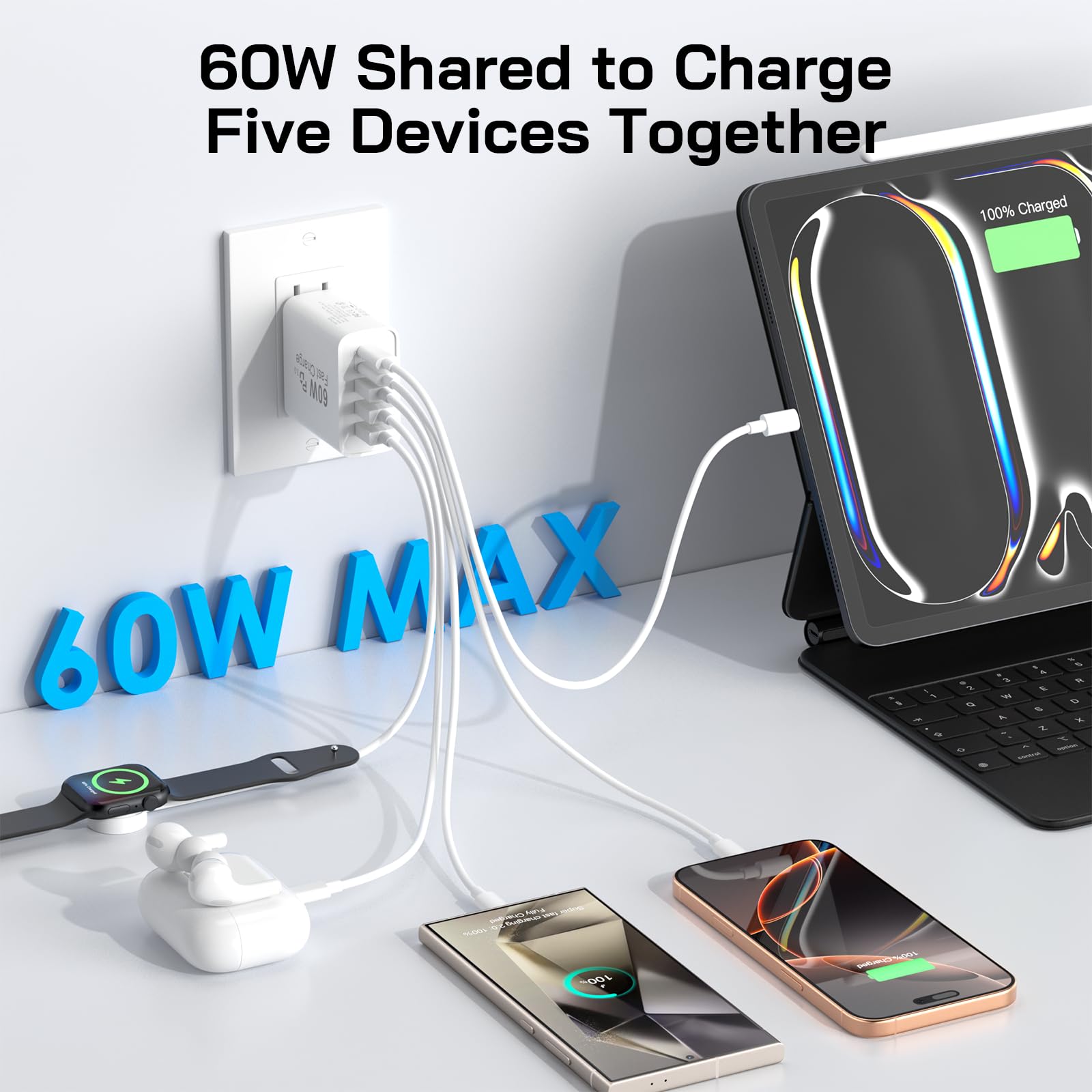 Snapklik.com : 3Pack USB C Fast Charger Block, 60W 5-Port USB C Wall ...